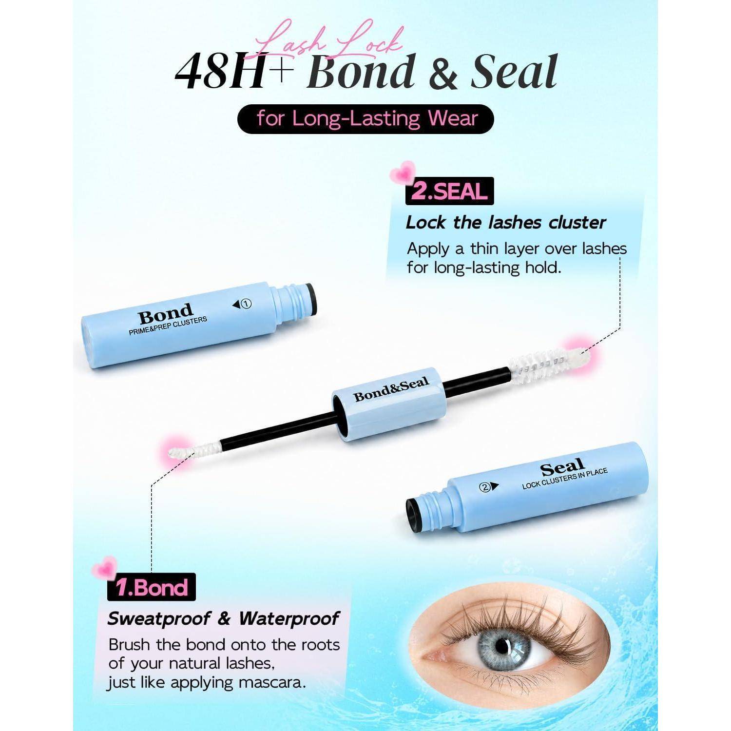 Werbung für '48H+ Bond & Seal' für langanhaltendes Wimpernwear, mit Bond- und Seal-Mascara-ähnlichen Applikatoren und Schritt 1 Bond, Schritt 2 Seal Anleitung zum Fixieren von Wimpernbüscheln.