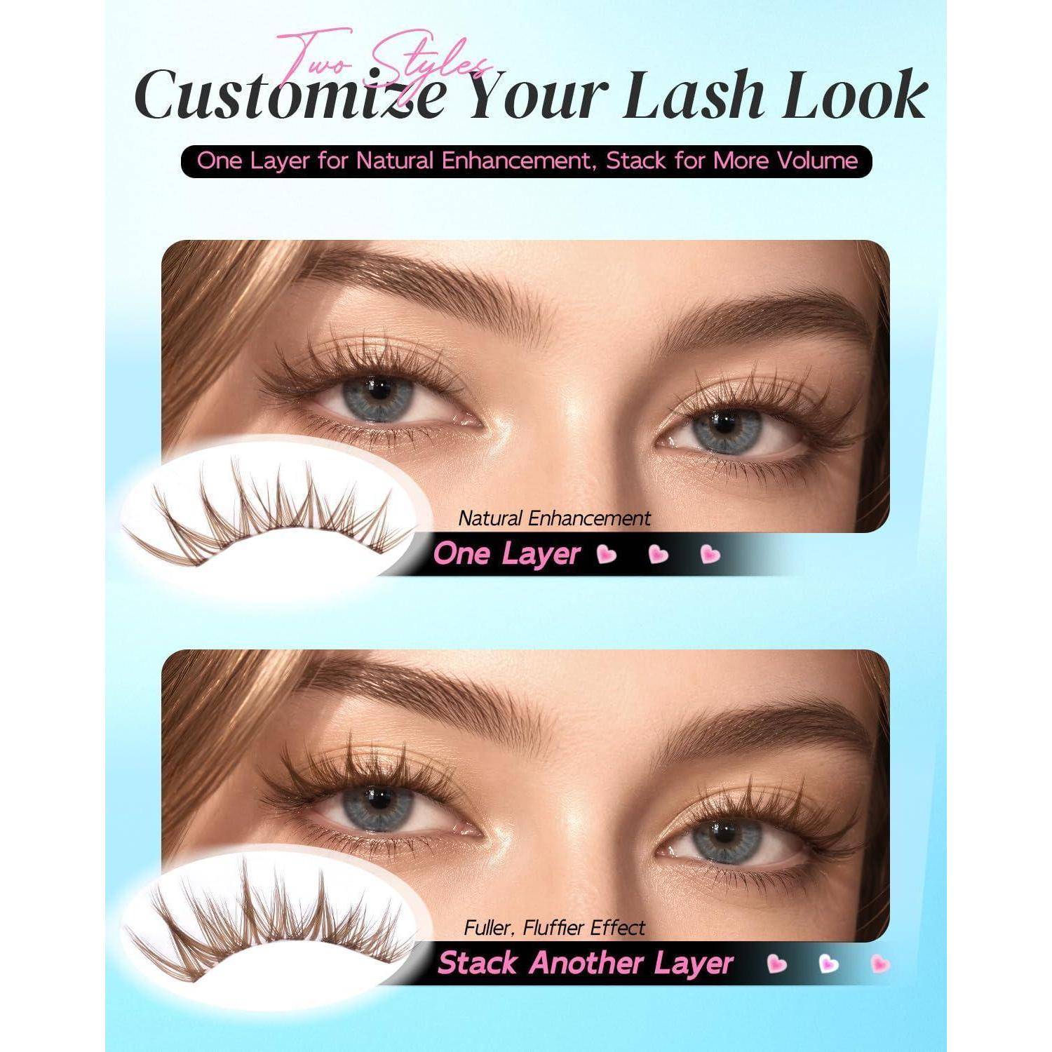 Obeyalash Wimpern Cluster Braun Manga Lashes Set mit Kleber Pinzette | Braune Anime Lashes, Cluster 10-16 mm C Curl DIY Wimpernverlängerung, weißes