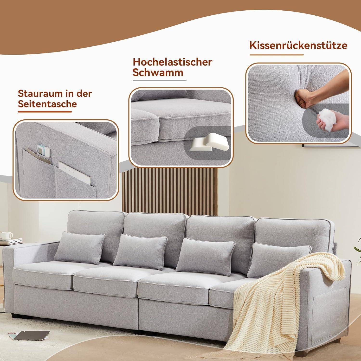 Graues Sofa mit seitlicher Taschenlagerung, hochelastischen Schwammkissen und Rückenkissenstütze, gezeigt mit eingefügten Nahaufnahmen, die diese Merkmale hervorheben.