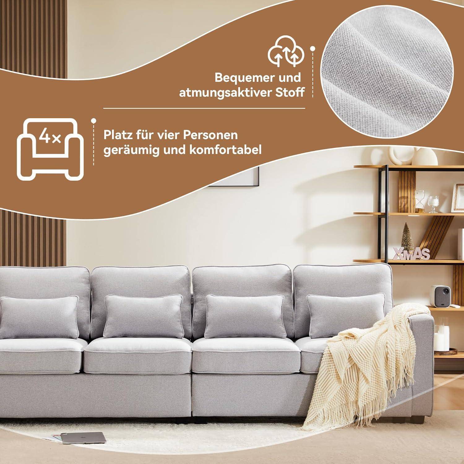 Viersitzer-Sofa in Grau in einem modernen Wohnzimmer, mit Text, das atmungsaktive Stoffe und „4x