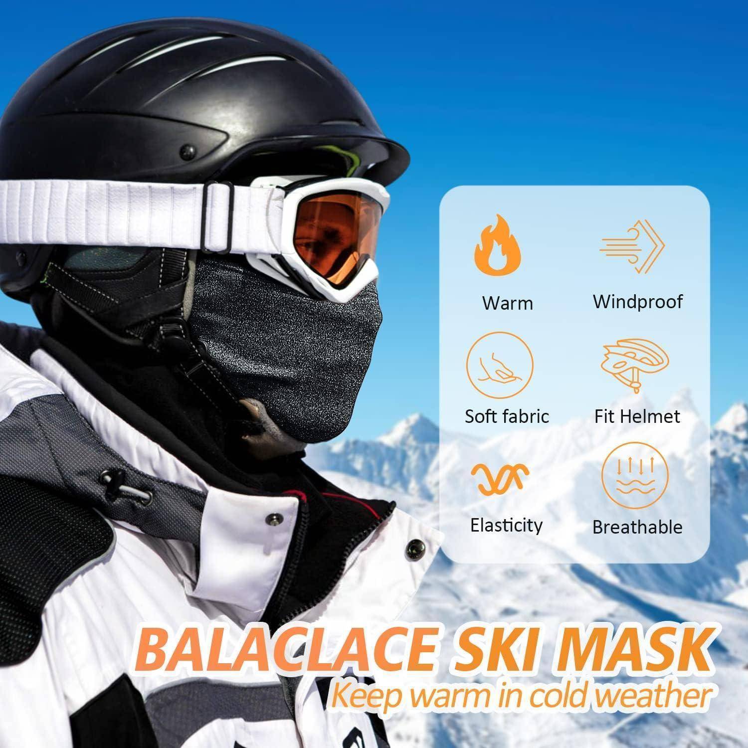 Skifahrer mit Sturmhaube und Helm, mit Beschriftungen für warmen, winddichten, weichen Stoff, passender Helm, Elastizität und Atmungsaktivität.
