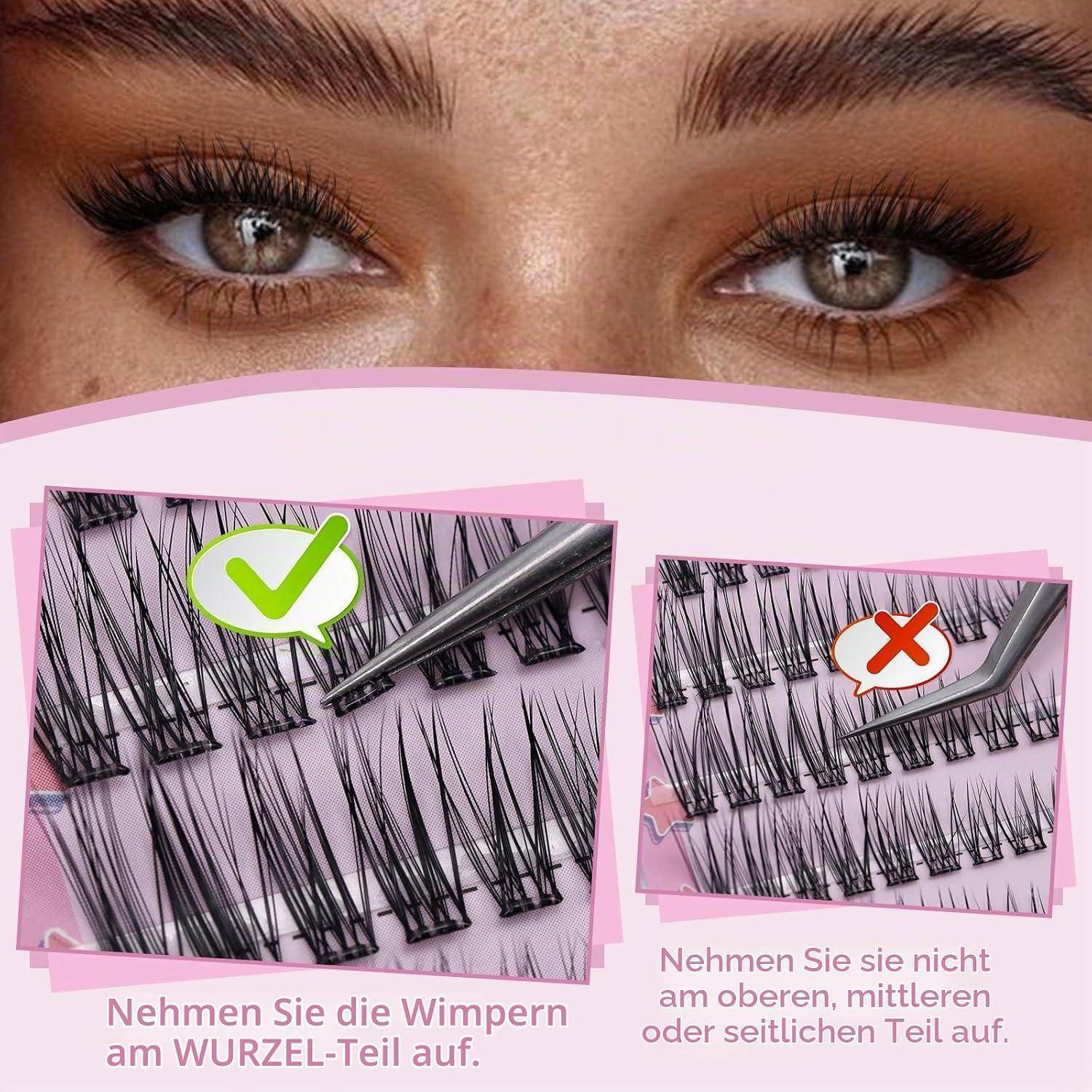 Anleitung zur Wimpernverlängerung, die die korrekte Platzierung an der Wurzel mit einem grünen Häkchen und die falsche Platzierung in den oberen, mittleren oder seitlichen Bereichen mit einem roten X zeigt.