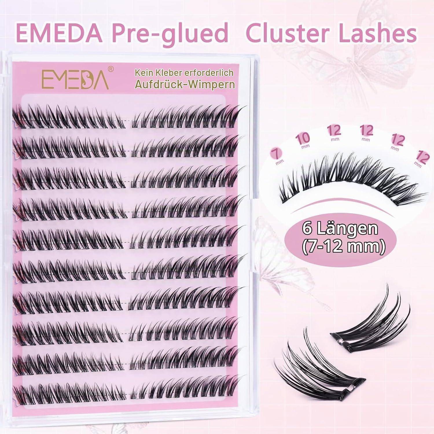 Paketbild für EMEDA vorgeleim Cluster-Wimpern, das mehrere Wimpernstreifen zeigt und den Text „6 Längen (7-12 mm)