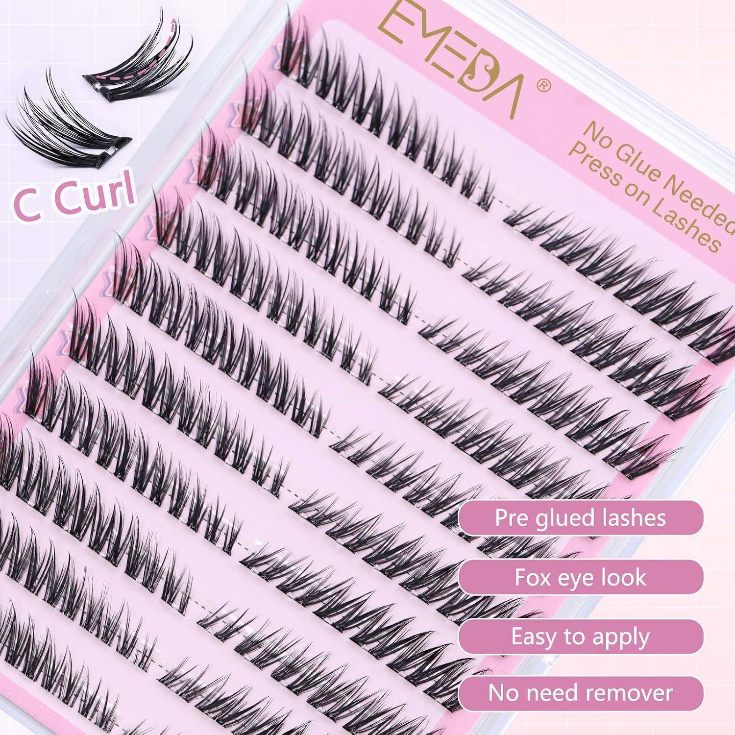Rosa Packung von EYESA selbstklebenden Wimpernstreifen ohne Kleber in C-Curl, zeigt mehrere Wimpernstreifen und Beschriftungen: 