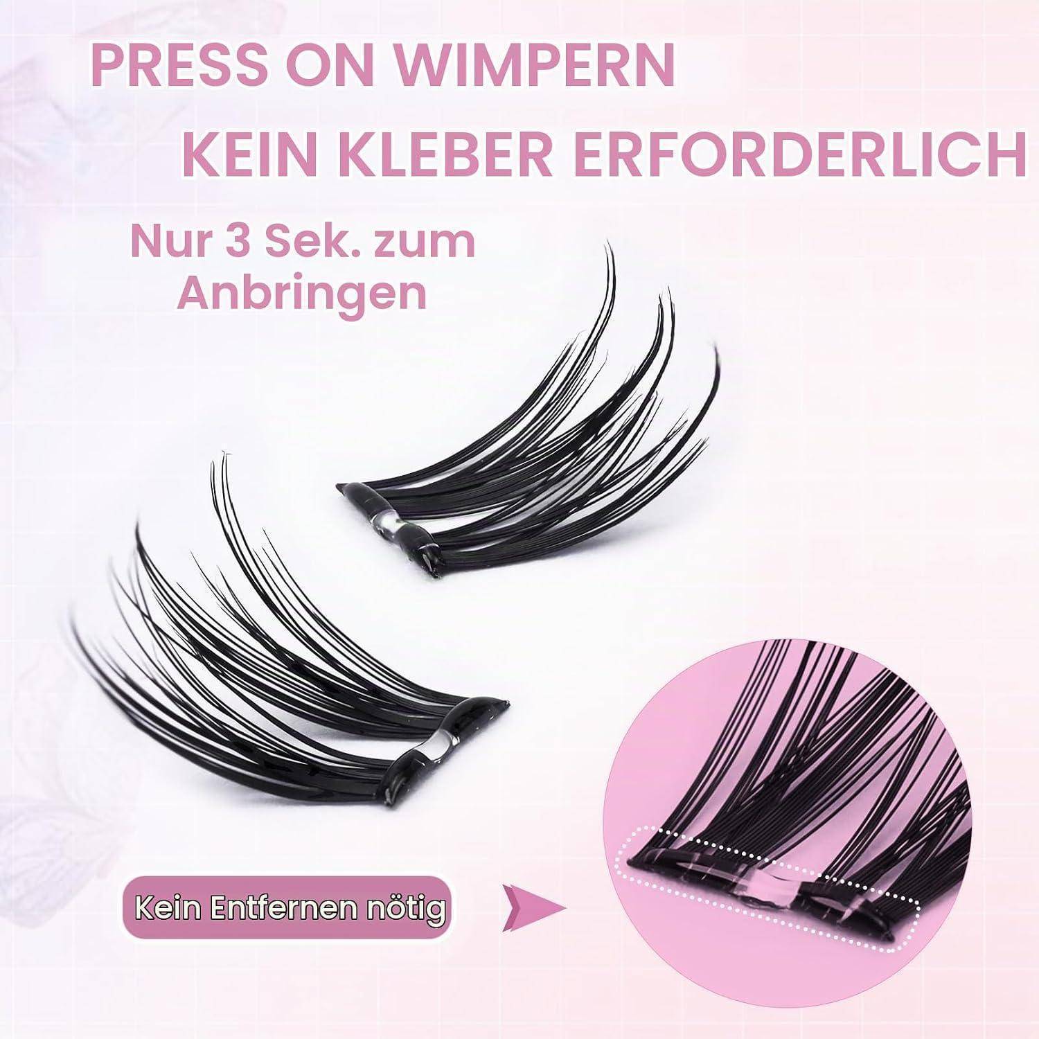 Rosa Anzeige für aufklebbare künstliche Wimpern, zeigt zwei Wimpernstreifen und eine Nahaufnahme-Einsatz; deutscher Text besagt aufklebbare Wimpern, kein Kleber erforderlich, in 3 Sekunden anbringen, keine Entfernung notwendig.