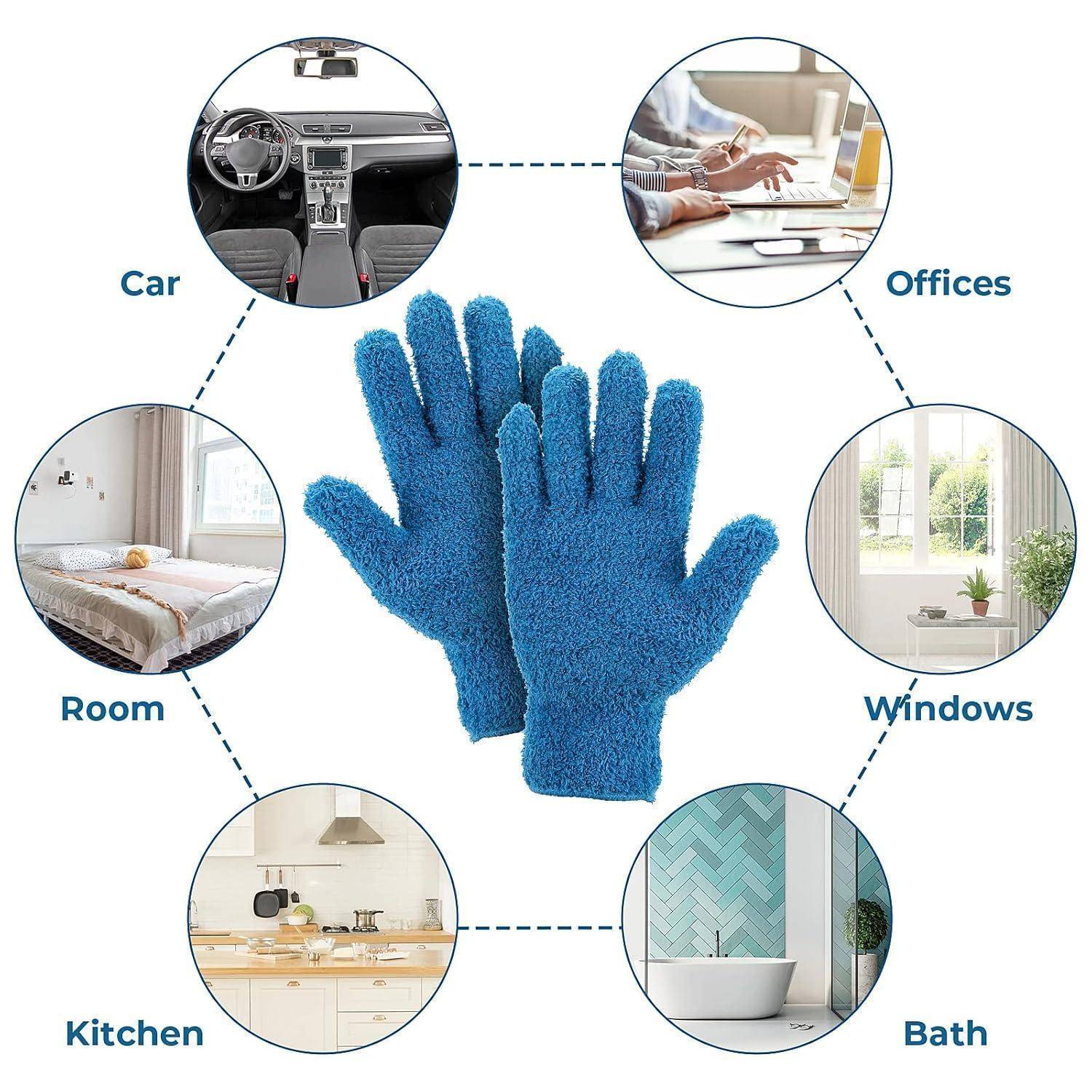 Blaue Mikrofaser-Reinigungshandschuhe, dargestellt als wiederverwendbares Reinigungswerkzeug zur Verwendung im Auto, Büro, Zimmer, Fenster, Küche und Bad.
