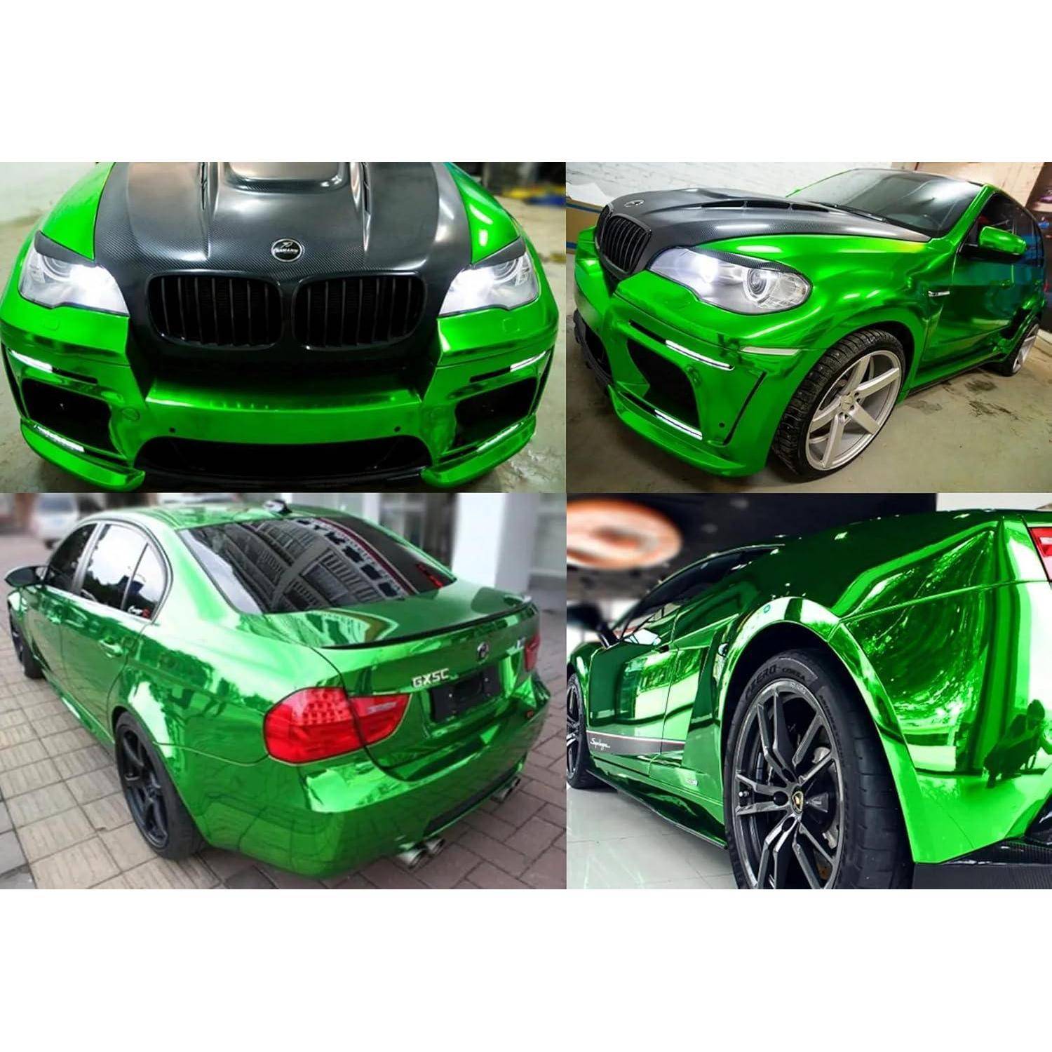 Collage eines BMW Sedans mit glänzender metallisch grüner Folie, dargestellt von vorne, von der Seite, von hinten und einer Nahaufnahme des Rades.