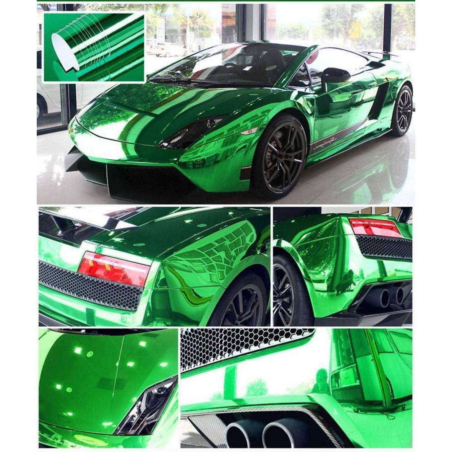 Grüner metallischer Sportwagen mit Detailaufnahmen, die reflektierendes Chrom-Vinyl-Wrap und maßgefertigte Karosseriepanele, Räder, Rücklichter und Auspuff zeigen.
