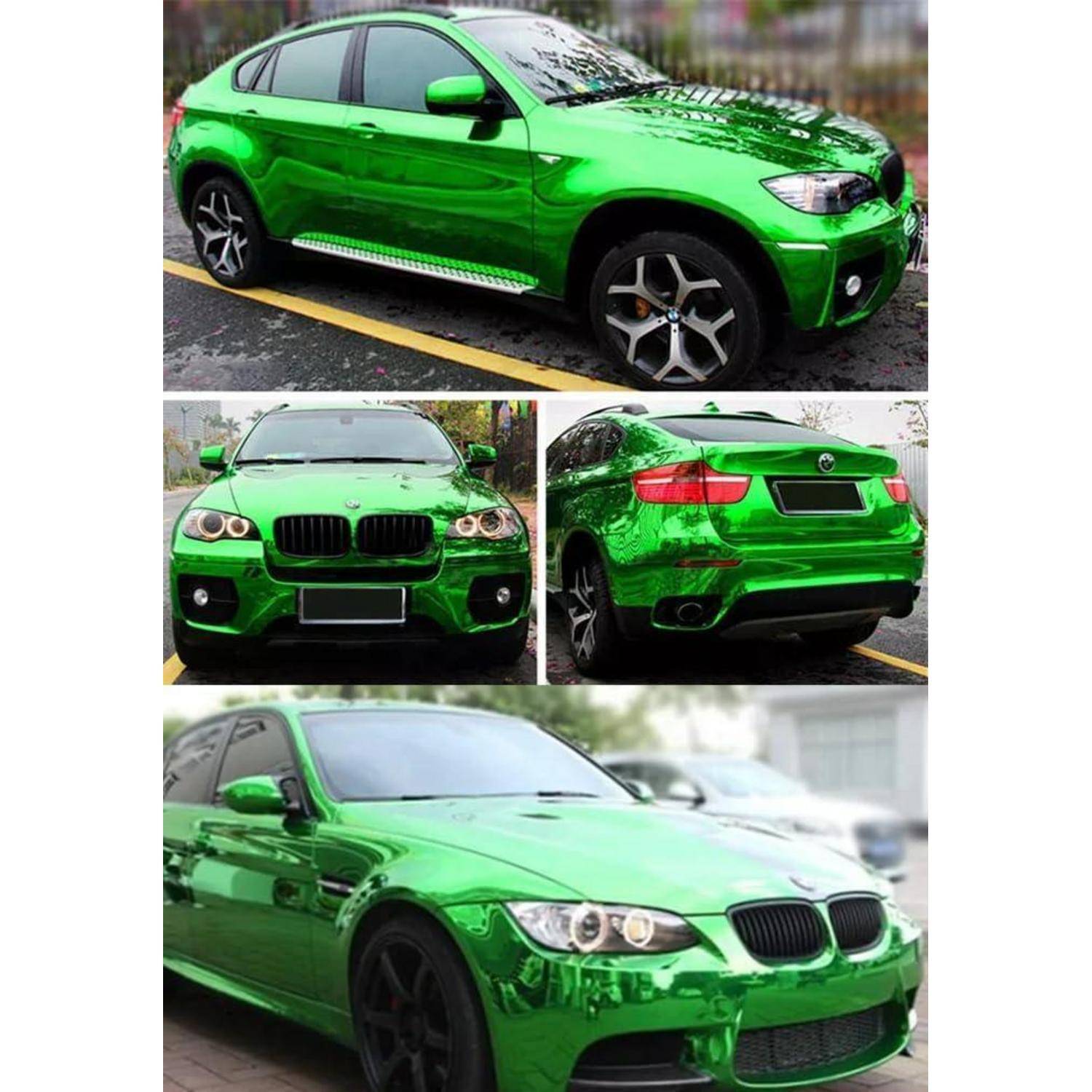 Collage eines leuchtend grünen BMW SUV mit einer chromähnlichen reflektierenden Folie, gezeigt aus Seiten-, Frontal-, Heck- und Schrägansicht auf einer Straße