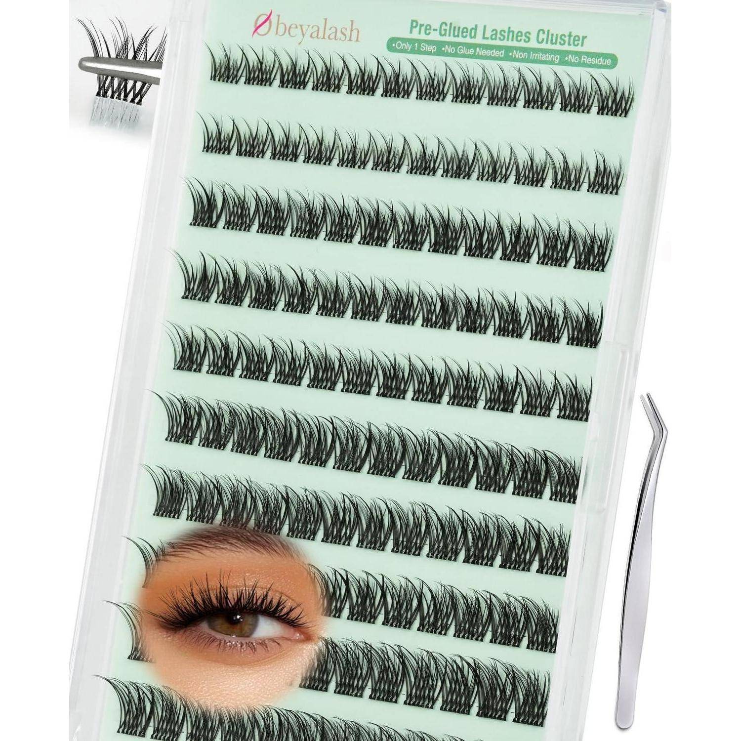 Packung mit vorleimten Wimpernbüscheln in einem durchsichtigen Behälter, beschriftet mit „Pre-Glued Lashes Cluster