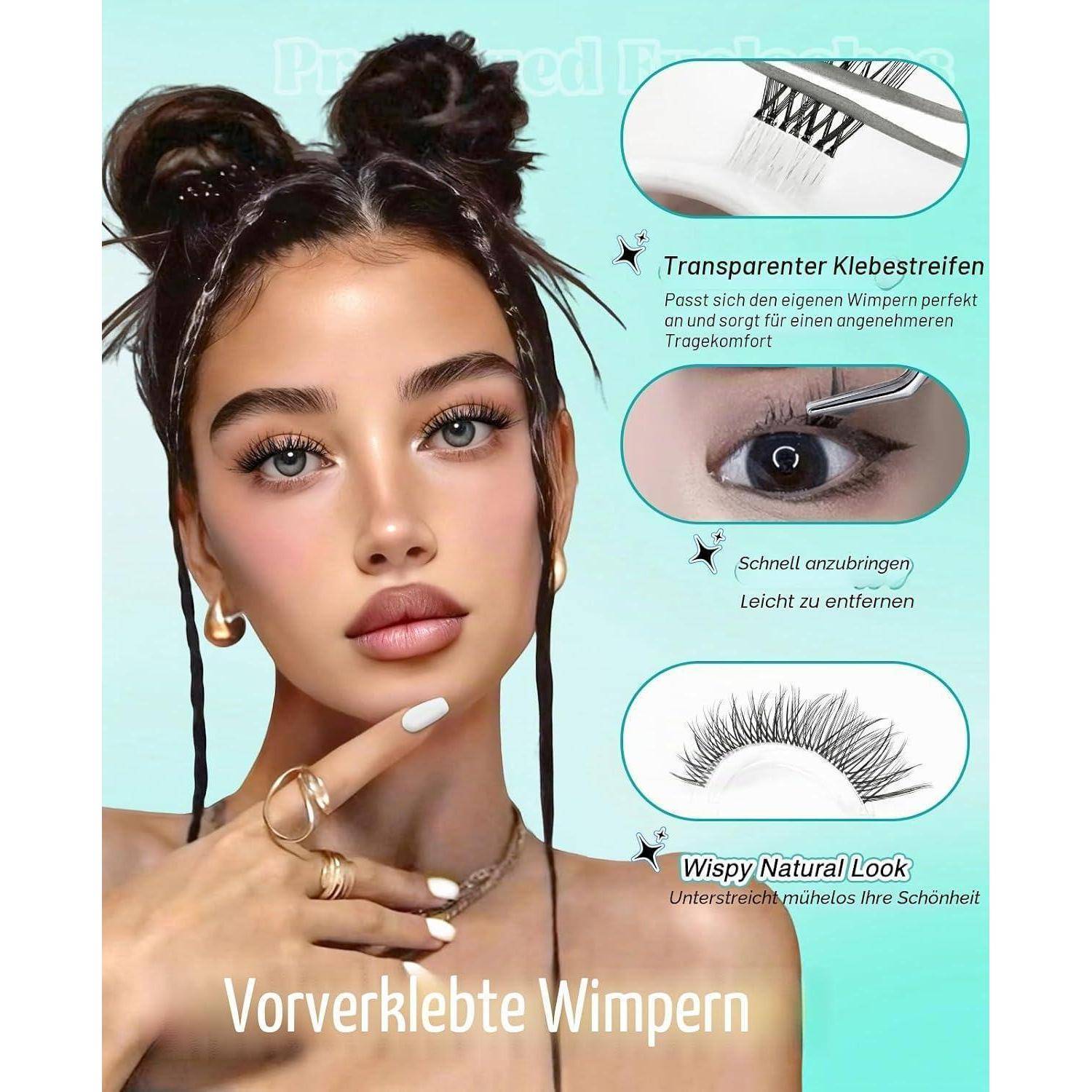 Anzeige für vorgeleimt e Kunstwimpern, die eine Frau mit langen Wimpern zeigt und drei Nahaufnahmen mit deutschem Text, die transparente Klebstreifen, einfaches Anbringen und Entfernen sowie ein natürliches Aussehen hervorheben.
