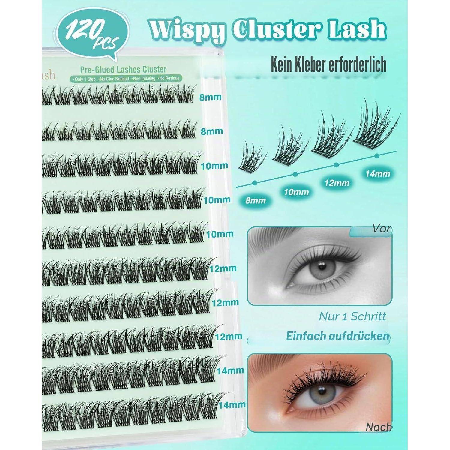 Packung mit 120 wispigen Cluster-Wimpern in gemischten Längen 8-14 mm, mit deutscher Anleitung und Vorher-Nachher-Augenfotos.