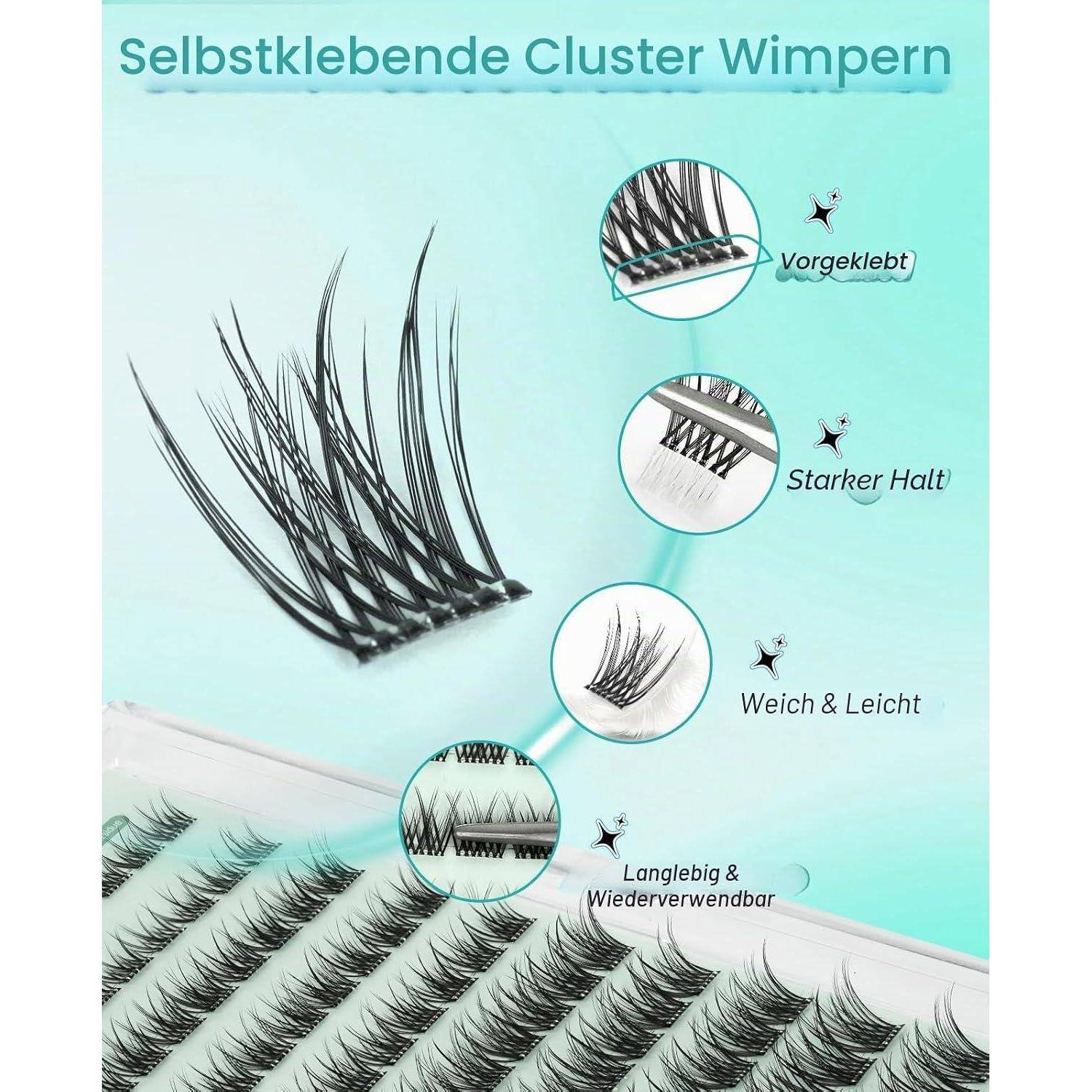 Werbegrafik für selbstklebende Cluster-Wimpern mit Nahaufnahme der Wimpernstreifen und Callouts für vorgeklebt, starker Halt, weich und leicht, wiederverwendbar.