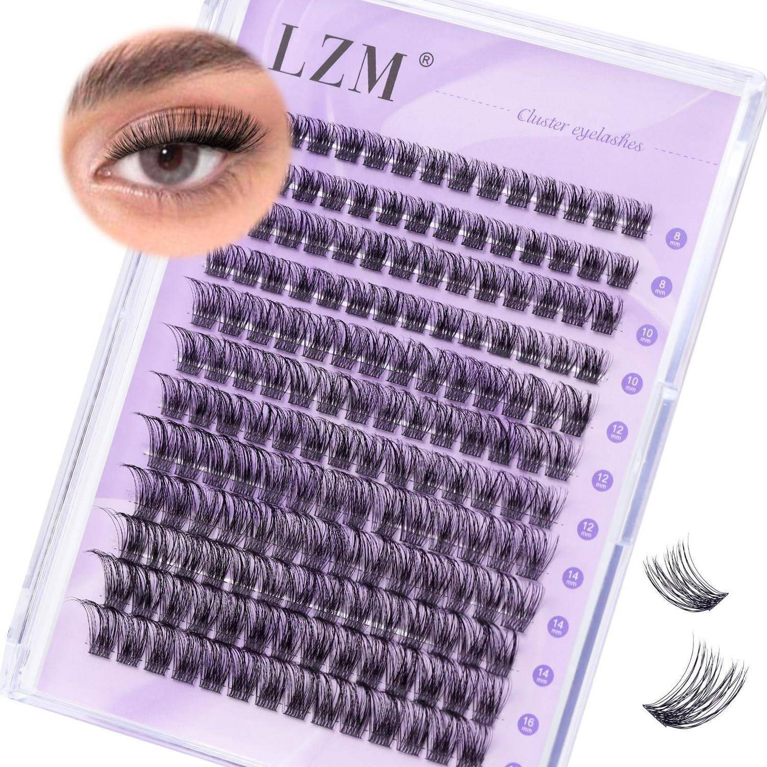 LZM Cluster-Wimpernablage mit mehreren Reihen von Kunstwimpern und Detailansicht zeigt ein Auge, das diese trägt.