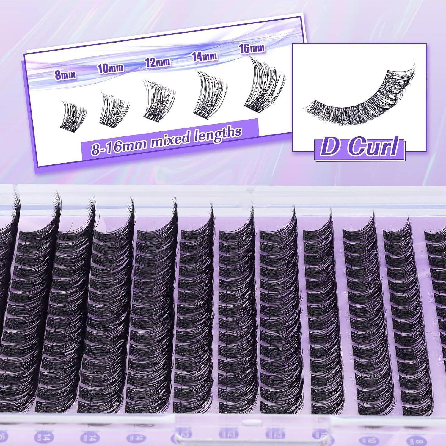 Produktbild von künstlichen Wimpernverlängerungen mit gemischten Längen von 8-16mm und D-Curl, mehrere schwarze Wimpernstreifen werden in Reihen angezeigt.