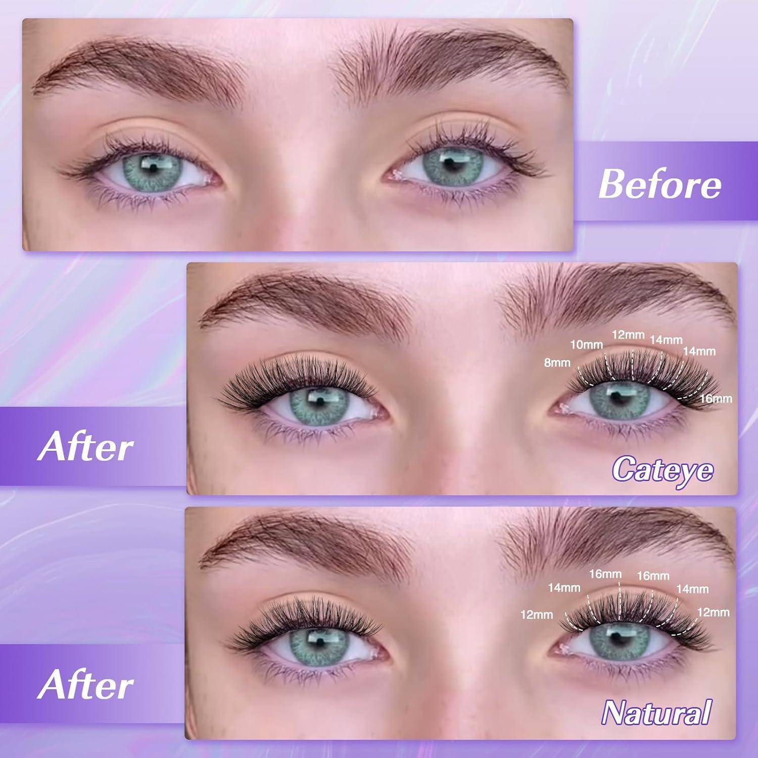 Vergleich von Wimpernverlängerungsstilen: nackte Augen mit der Bezeichnung „Vorher