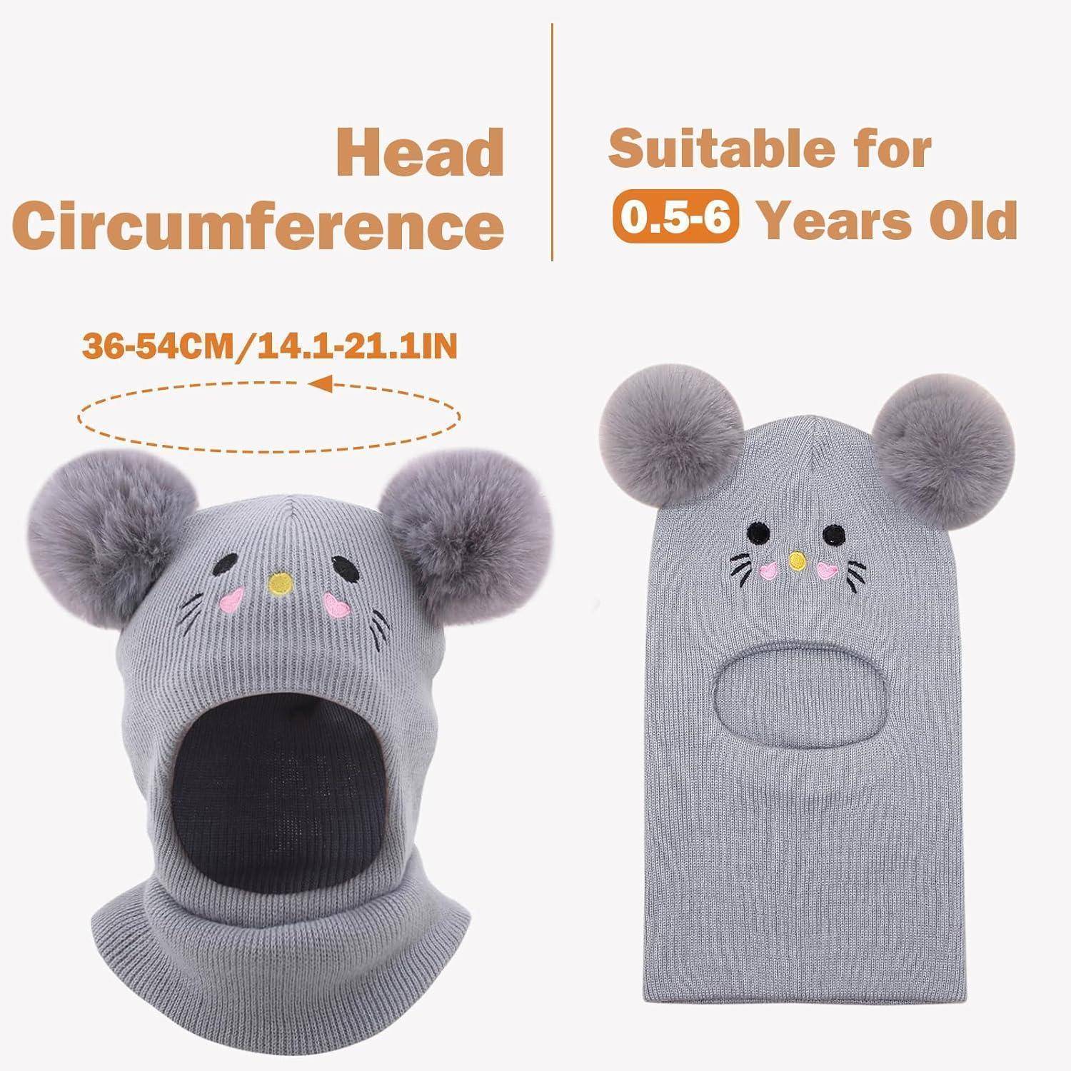 Grauer gestrickter Kinder-Set aus Mütze und Nackenw­ärmer mit Bärenohren und Gesicht; gekennzeichnet für Kopfumfang 36–54 cm und Alter 0,5–6 Jahre.