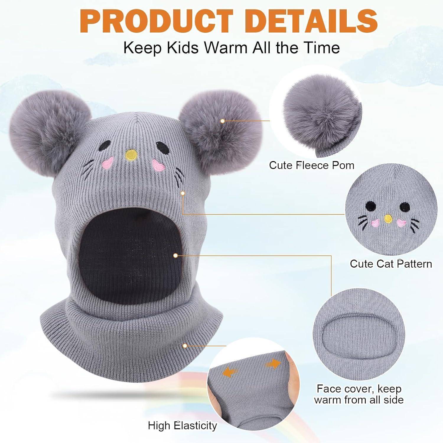 Graue Kinder-Winterbalaclava-Mütze mit Katzenmotiv, flauschigen Bommelns, Gesichtsöffnung und Halsabdeckung; gekennzeichnet als hält Kinder die ganze Zeit warm.
