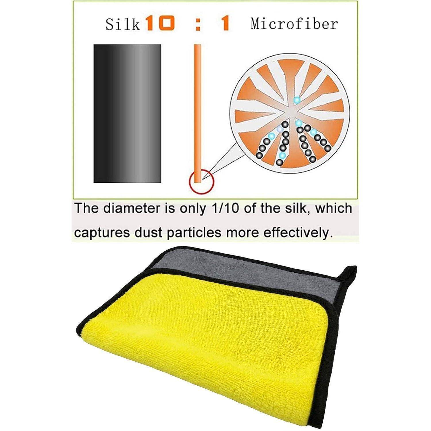 Illustration zum Vergleich von Seide und Mikrofasern, die zeigt, dass Mikrofaser 1/10 des Durchmessers von Seide hat und Staub wirksamer aufnimmt, mit einem gelben Reinigungstuch darunter abgebildet.