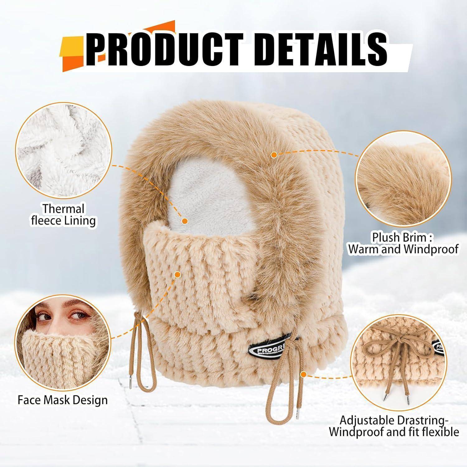 Produktdetails einer beigen, gefütterten Wintermütze mit Gesichtsmaske, die ein thermisches Fleece-Futter, einen plüschigen Rand und verstellbare Zugschnüre für eine winddichte Passform aufweist.