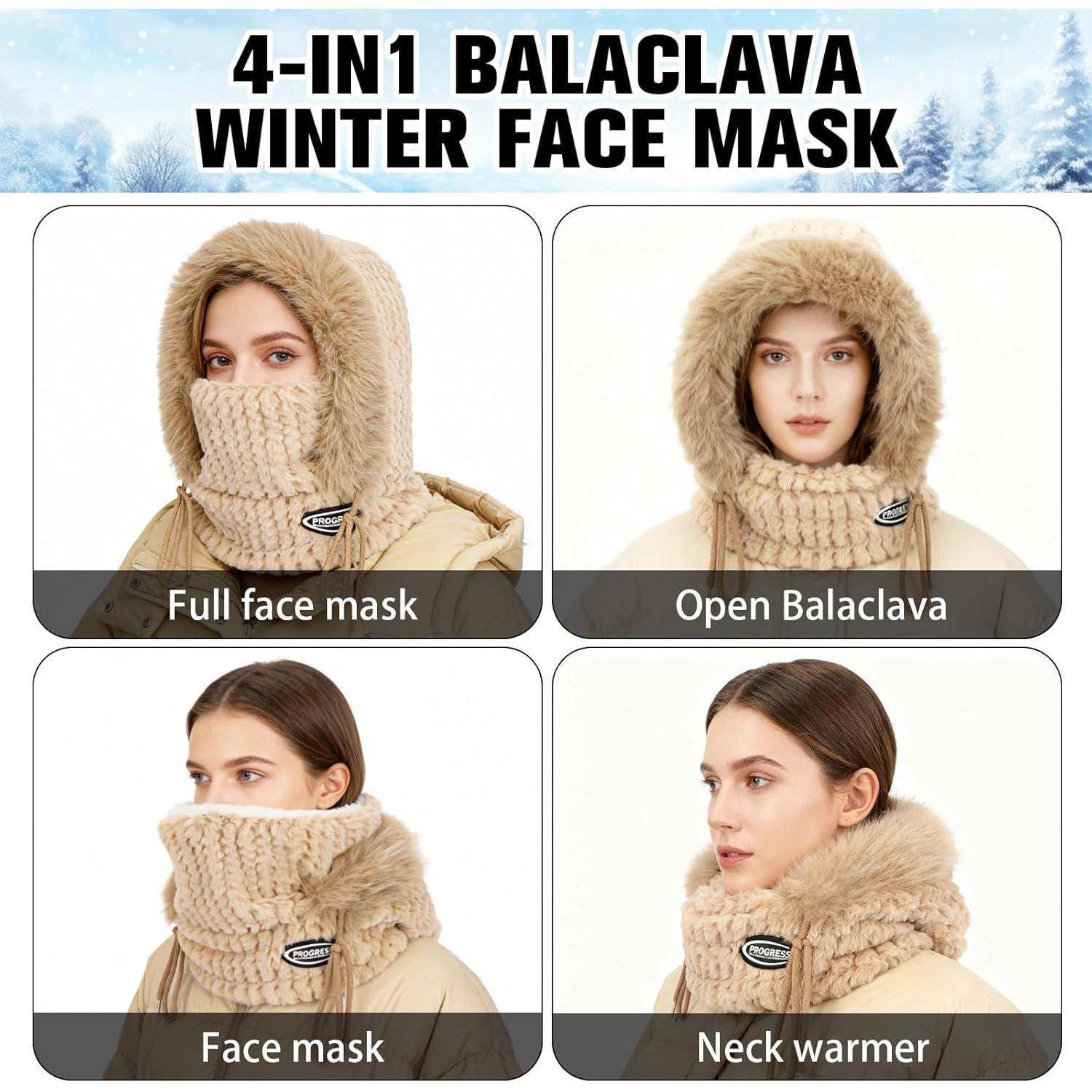 Produktbild, das eine 4-in-1-Winter-Balaclava an einem Modell zeigt, mit vier gekennzeichneten Tragearten: Vollgesichtsmaske, offene Balaclava, Gesichtsmaske und Nackenwärmer.