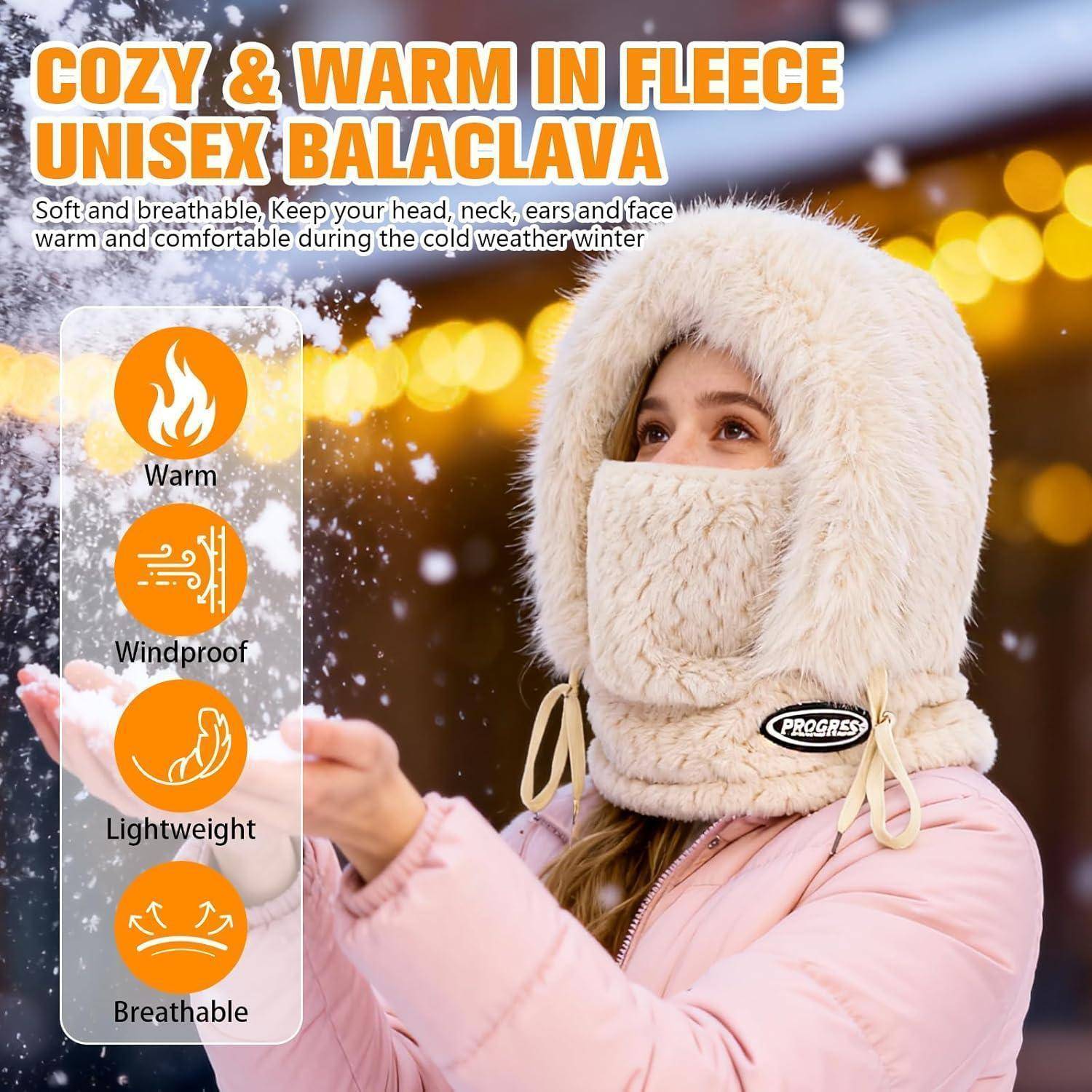 Werbebild einer Frau, die in Schneefall eine beige Fleece-Unisex-Sturmhaube trägt, mit Text, der Wärmeschutz, Windschutz, Leichtgewicht und atmungsaktive Eigenschaften bewirbt.
