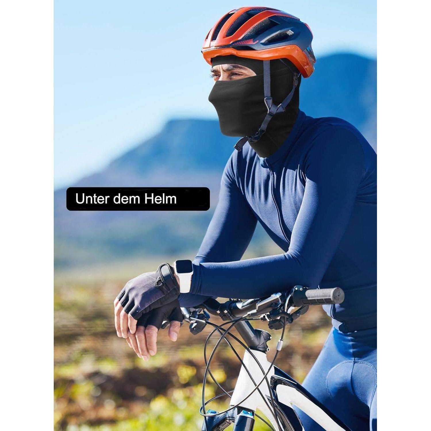 Radfahrer in blauer Ausrüstung und orangefarbenem Helm, mit Gesichtsmaske, der im Freien fährt; Text lautet „Unter dem Helm".