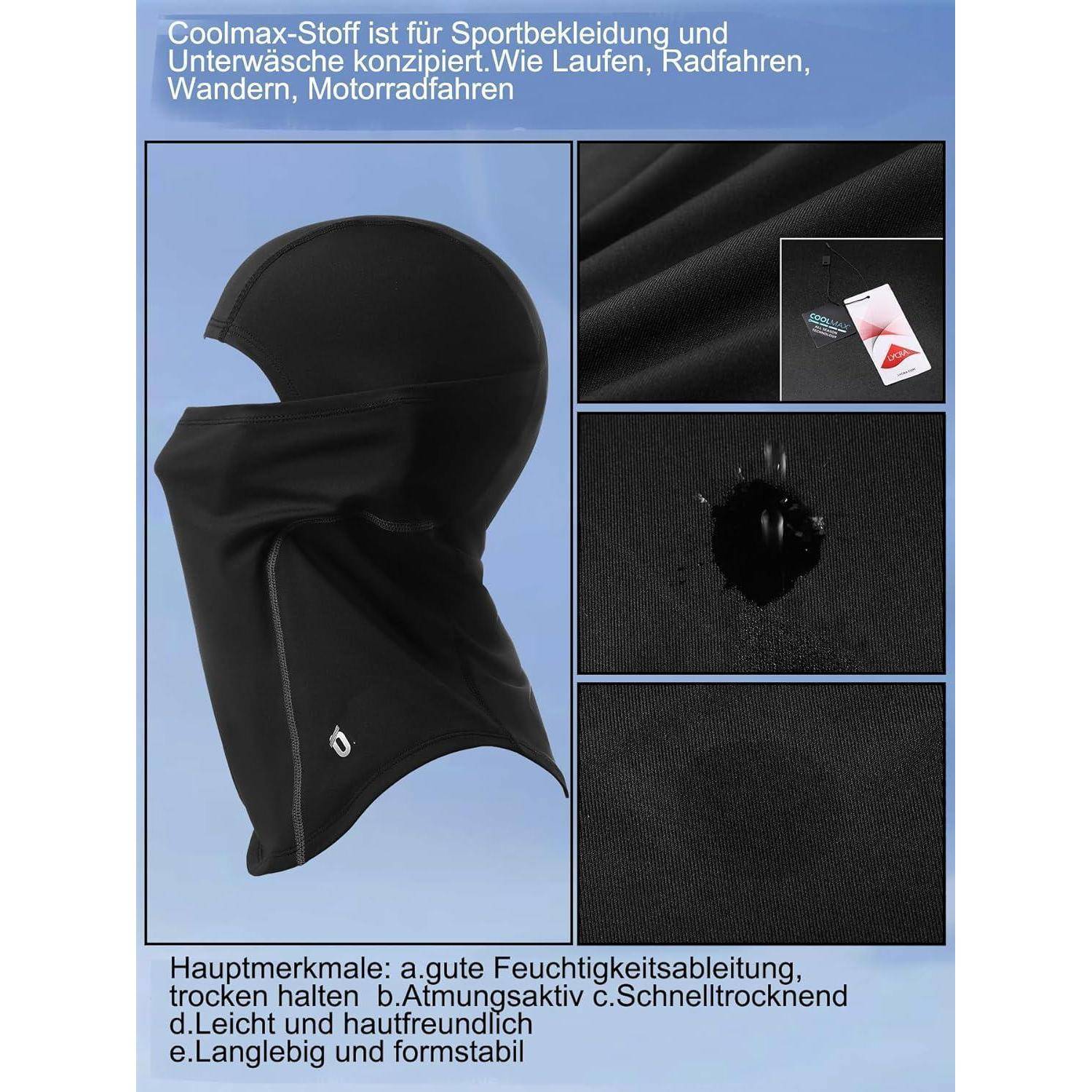 Produktgrafik einer schwarzen Coolmax-Sturmhaube für Sport und Outdoor-Nutzung, die Stoffdetails und deutschen Text zeigt, der feuchtigkeitsableitende, atmungsaktive, schnelltrocknende, hautfreundliche und elastische Eigenschaften hervorhebt.