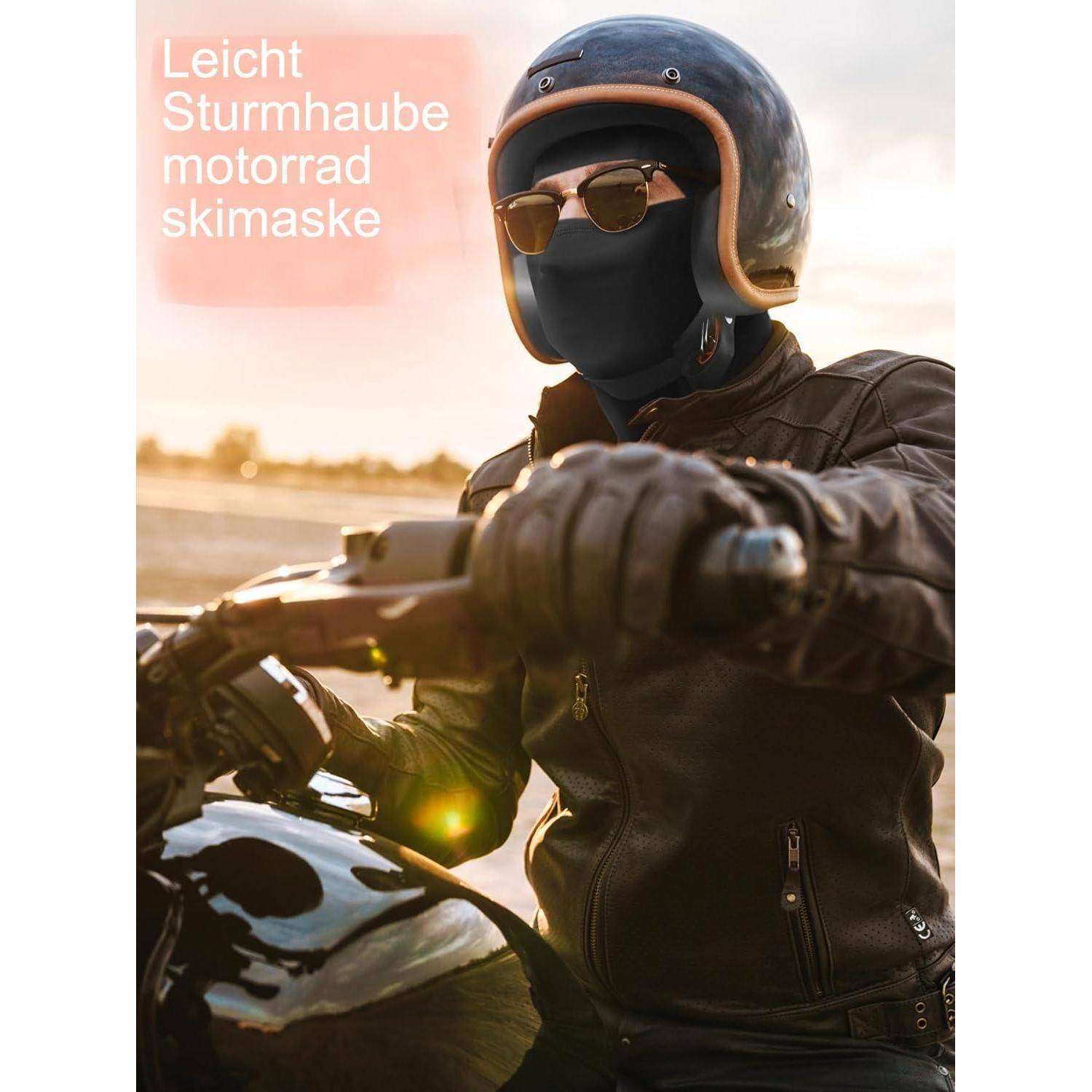 Motorradfahrer mit schwarzer Halbschutzmaske, Sonnenbrille und Helm auf einem Motorrad; Text lautet „Leicht Sturmhaube motorrad skimase".