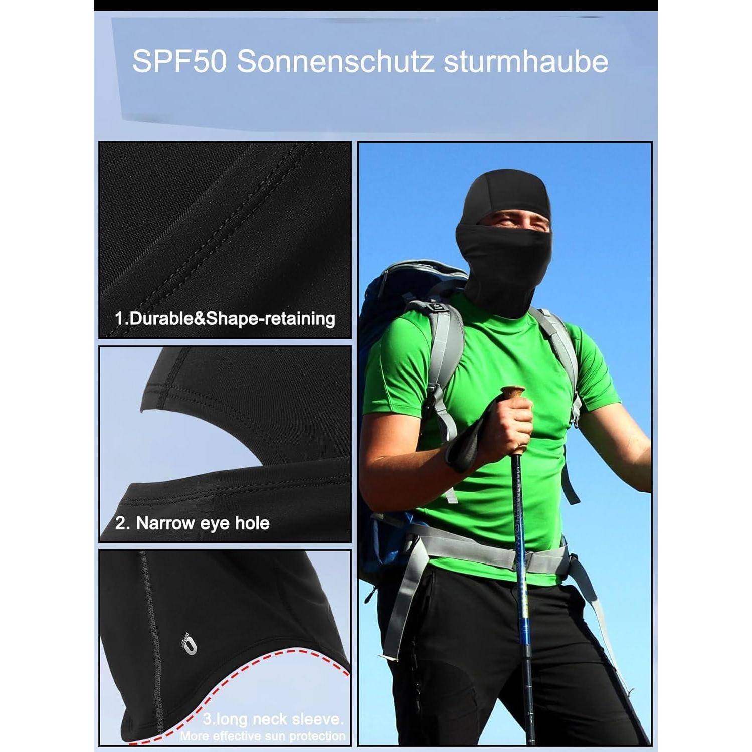 Produktwerbung für eine SPF50 Sonnenschutz-Sturmhaube mit robustem Material, enger Augenschlitz, langem Halsausschnitt und einem Wanderer, der sie im Freien trägt.