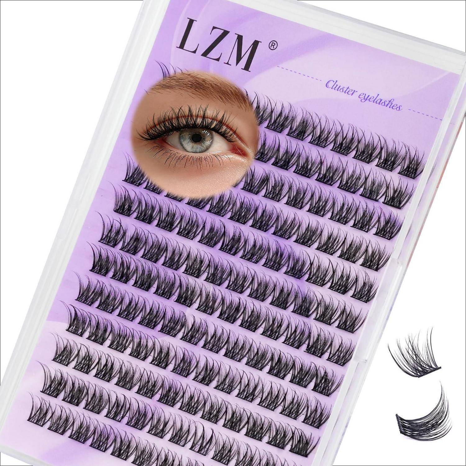 LZM-Cluster-Wimpernpalette mit künstlichen Wimpern in Reihen angeordnet und einem Augenmuster, das den angewendeten Wimpernstil zeigt.