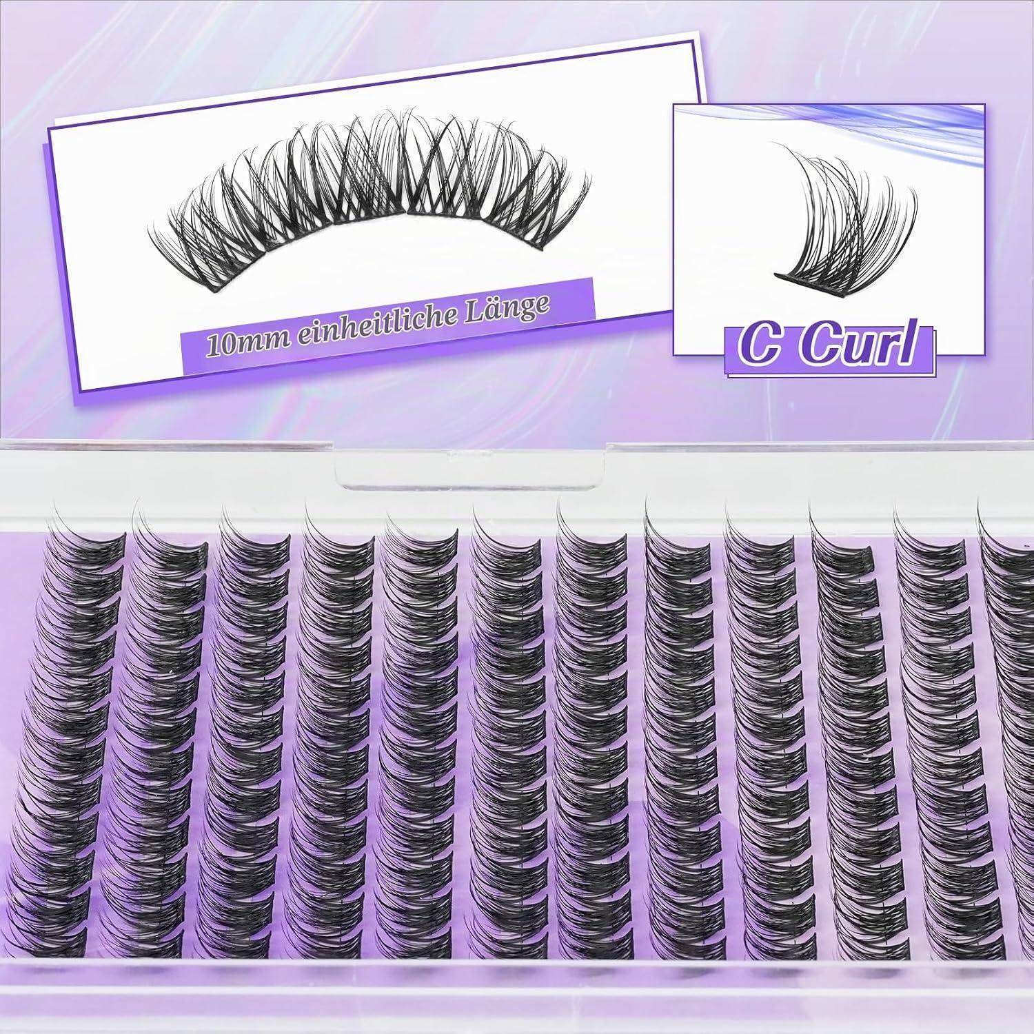 Tablett mit violetten künstlichen Wimpern, das mehrere schwarze Wimpernbüschel zeigt; eingefügte Beschriftungen lauten „10mm einheitliche Länge