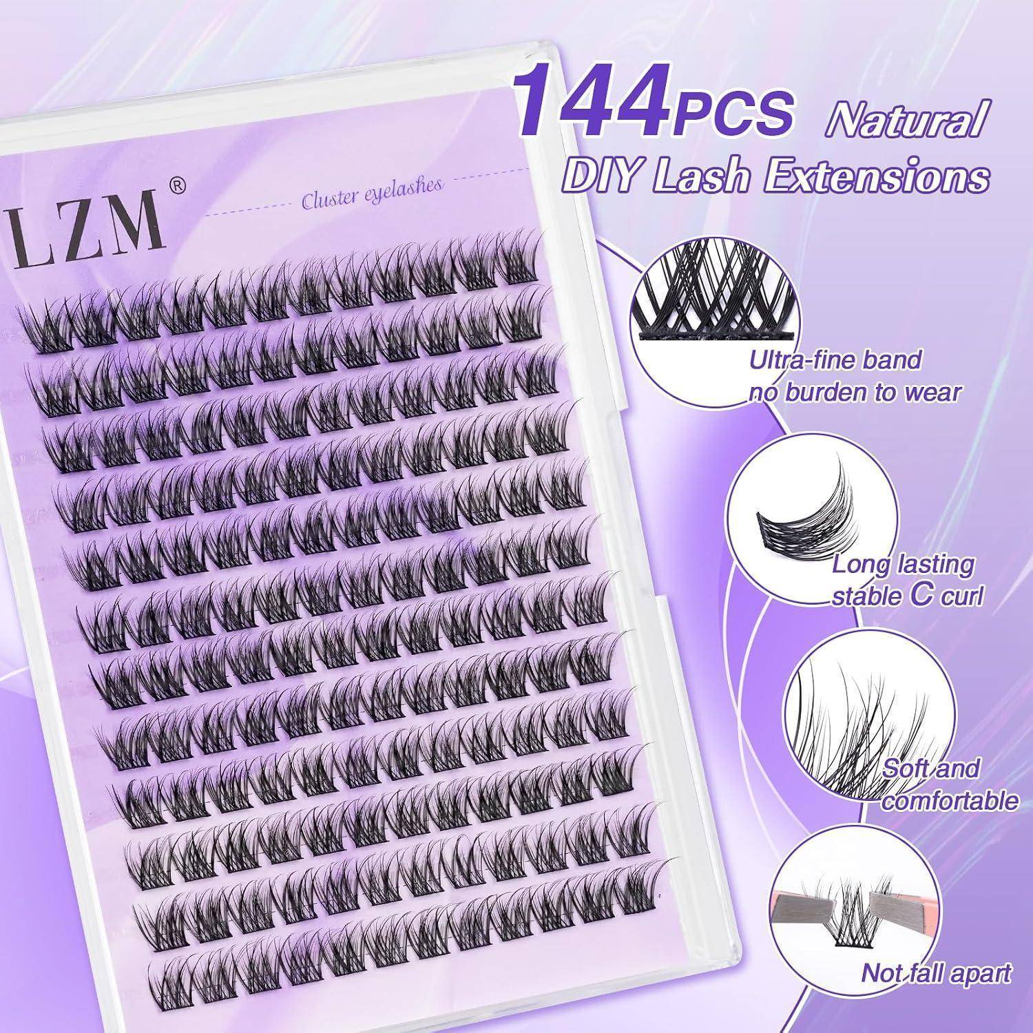 Packung mit LZM 144er-Set natürliche DIY-Wimpernverlängerungen auf einem Tablett dargestellt, mit Merkmal-Callouts für ultrafeines Band, langlebige C-Krümmung, weiches Tragekomfort und kein Verklumpen.