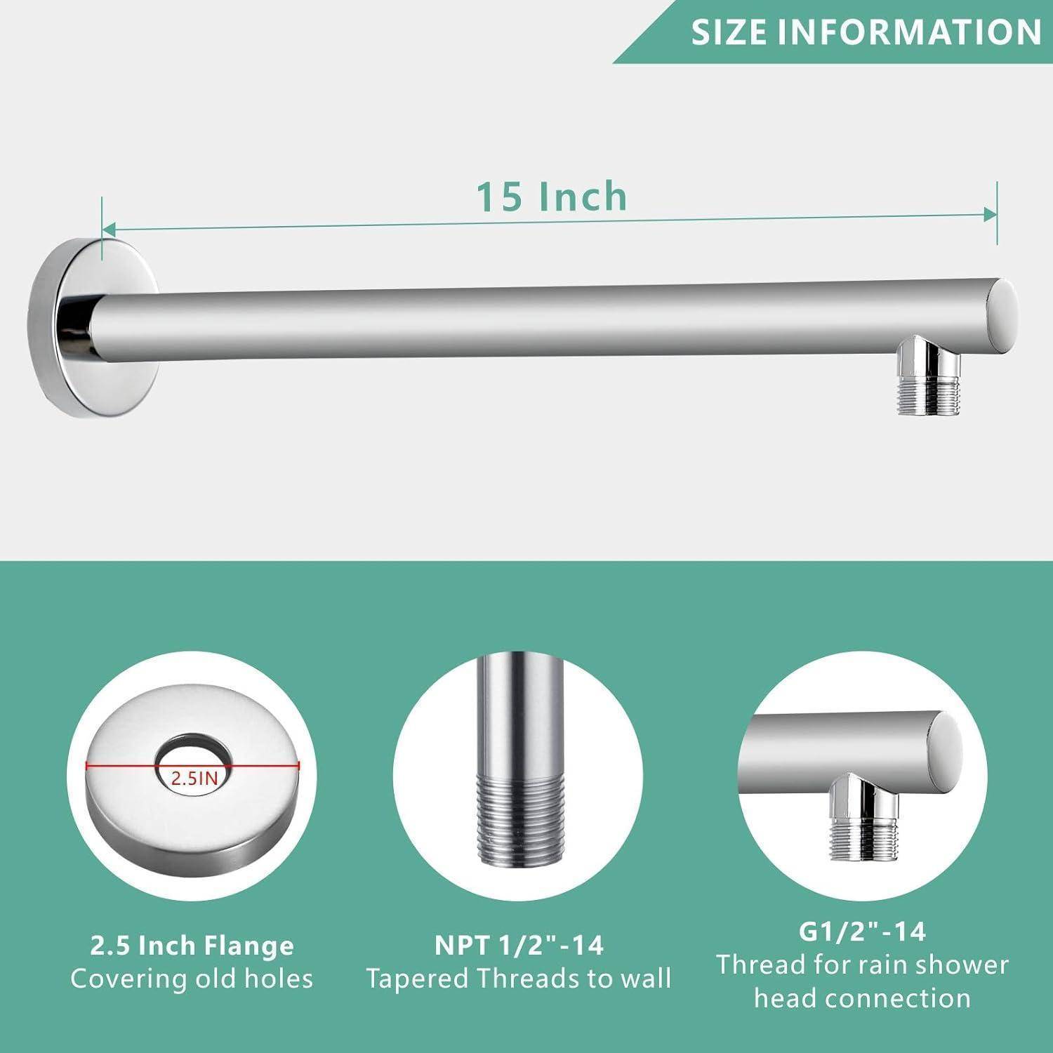 Diagramm mit einem 15-Zoll-Duscharm mit 2,5-Zoll-Flansch; Nahaufnahmen zeigen NPT 1/2