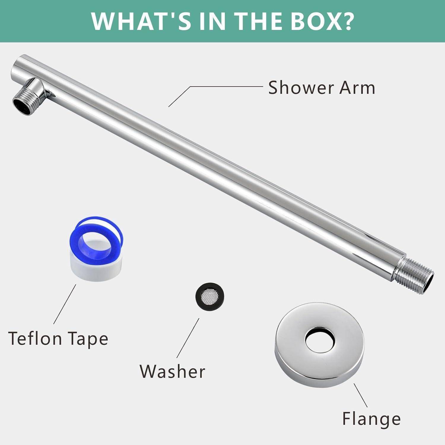 Produktinhalte-Bild, das einen Duscharm mit Teflonband, Unterlegscheibe und Flansch zeigt, mit der Beschriftung „WAS IST IN DER BOX?