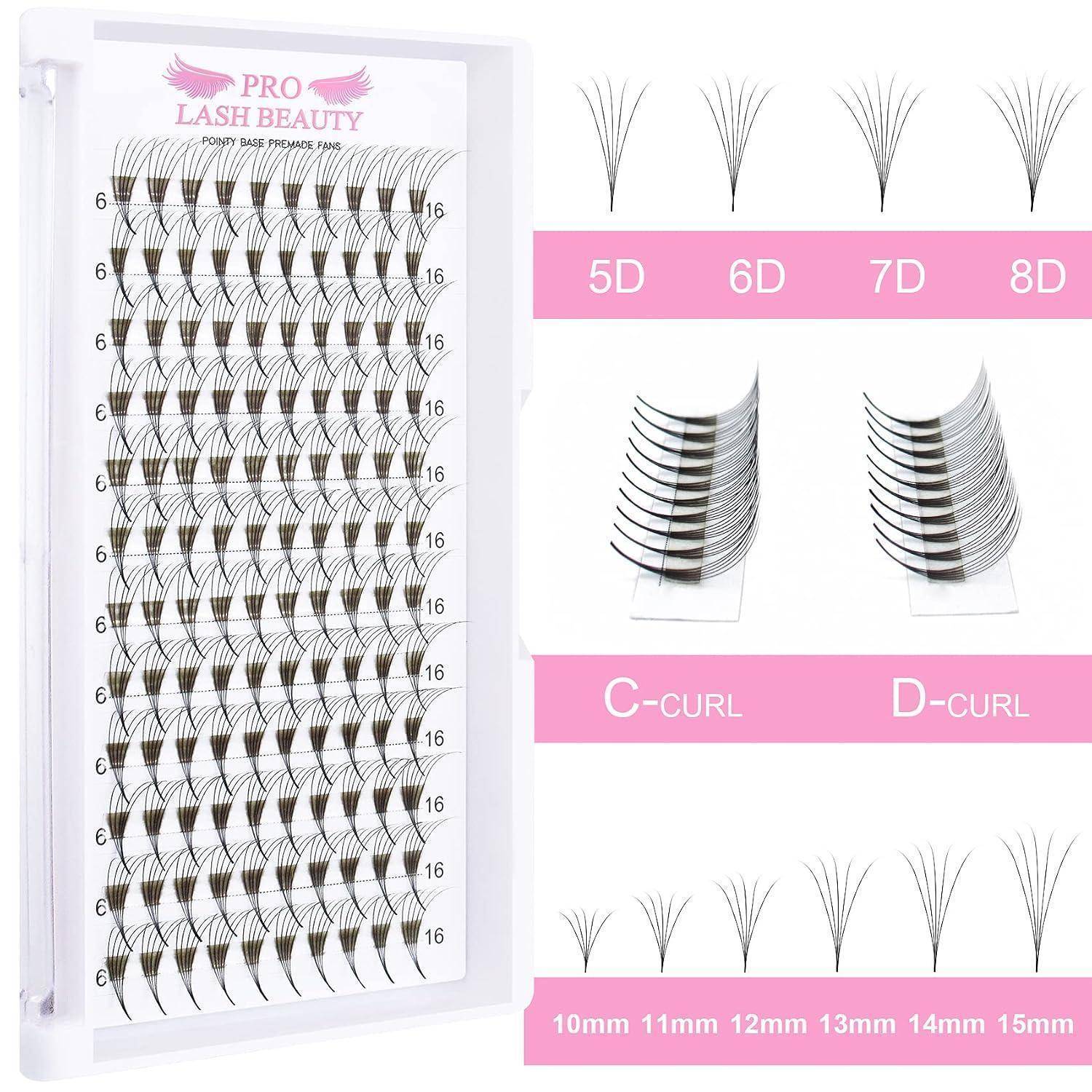 Wimpernverlängerungstablett und Stilchart mit PRO LASH BEAUTY vorgefertigten Fächern, mit Curl-Optionen 5D, 6D, 7D, 8D, C-Curl, D-Curl und Längen von 10 mm bis 15 mm.