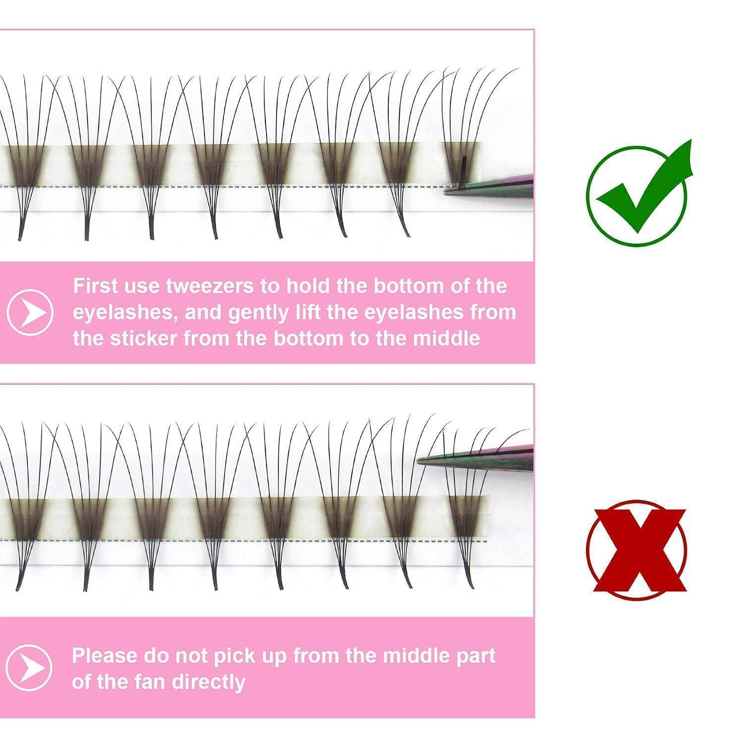 Diagramm zur Wimpernanbringung: Korrekte Methode hebt Wimpern von unten mit einer Pinzette; falsche Methode greift von der Mitte, markiert mit X.