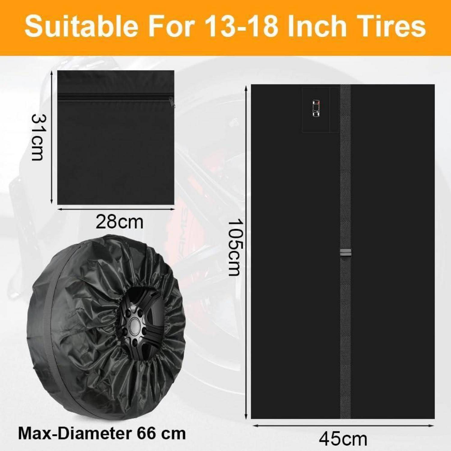 Diagramm einer Reifenschutztasche für 13-18 Zoll-Reifen mit Abmessungen von 31 mal 28 cm flach, 45 mal 105 cm gefaltet, und maximaler Durchmesser von 66 cm.