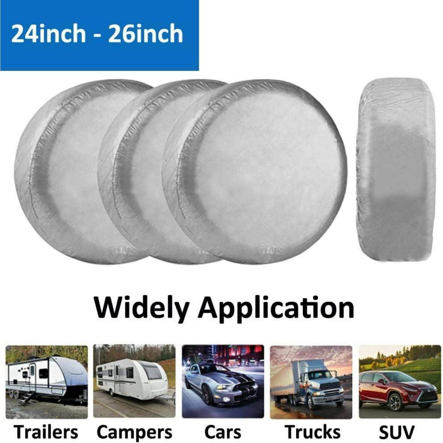 Werbegrafik für 24-Zoll-26-Zoll-Radabdeckungen mit runder Form, zeigt silberfarbene Abdeckungen und Beispiele für Anhänger, Wohnwagen, Autos, Lastkraftwagen und SUVs.