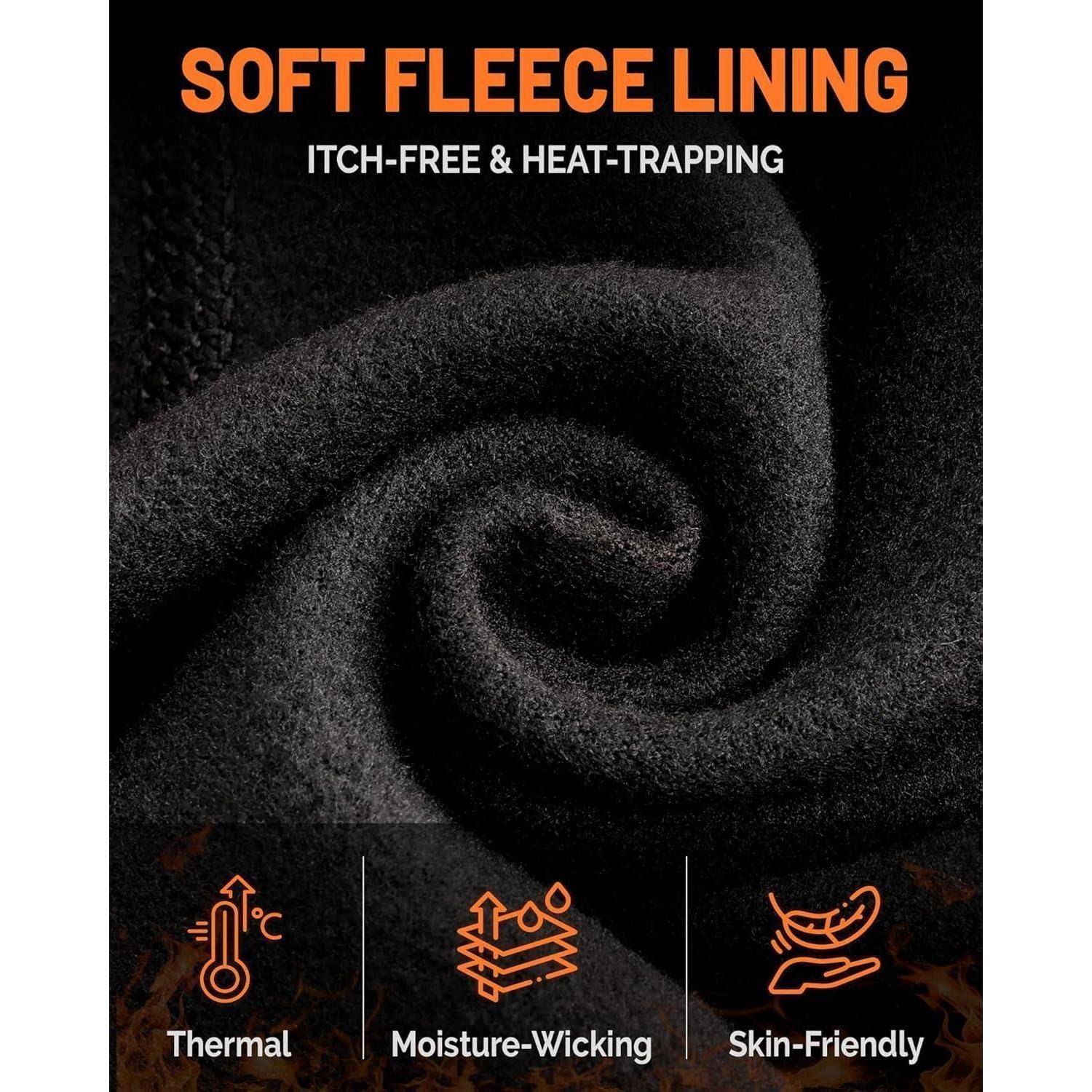 Grafische Werbung für 'WEICHES FLEECE-FUTTER' das 'JUCKFREI & WÄRMESPEICHERND' ist, mit Symbolen die thermische Eigenschaften, Feuchtigkeitstransport und hautfreundliche Merkmale hervorheben.