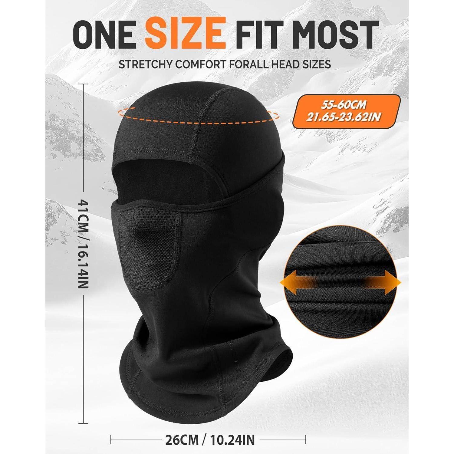 Schwarze dehnbare Sturmhaube mit Größenangaben: „ONE SIZE FIT MOST" (Einheitsgröße passt den meisten), „55-60CM"" (Kopfumfang), 41CM Höhe, 26CM Breite, was eine flexible Passform für die meisten Kopfgrößen anzeigt.