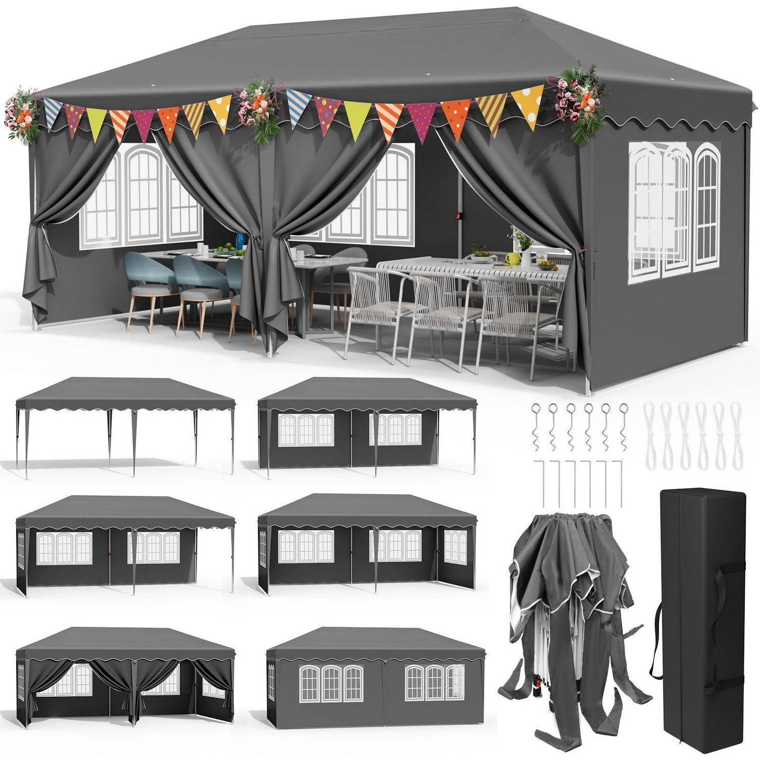 Grauer Outdoor-Pavillon-Zelt in zusammengebautem Zustand und in mehreren Aufbauvarianten dargestellt, mit Vorhängen, Wimpelketten, Gartenmöbeln, Zubehör und Aufbewahrungstasche inbegriffen