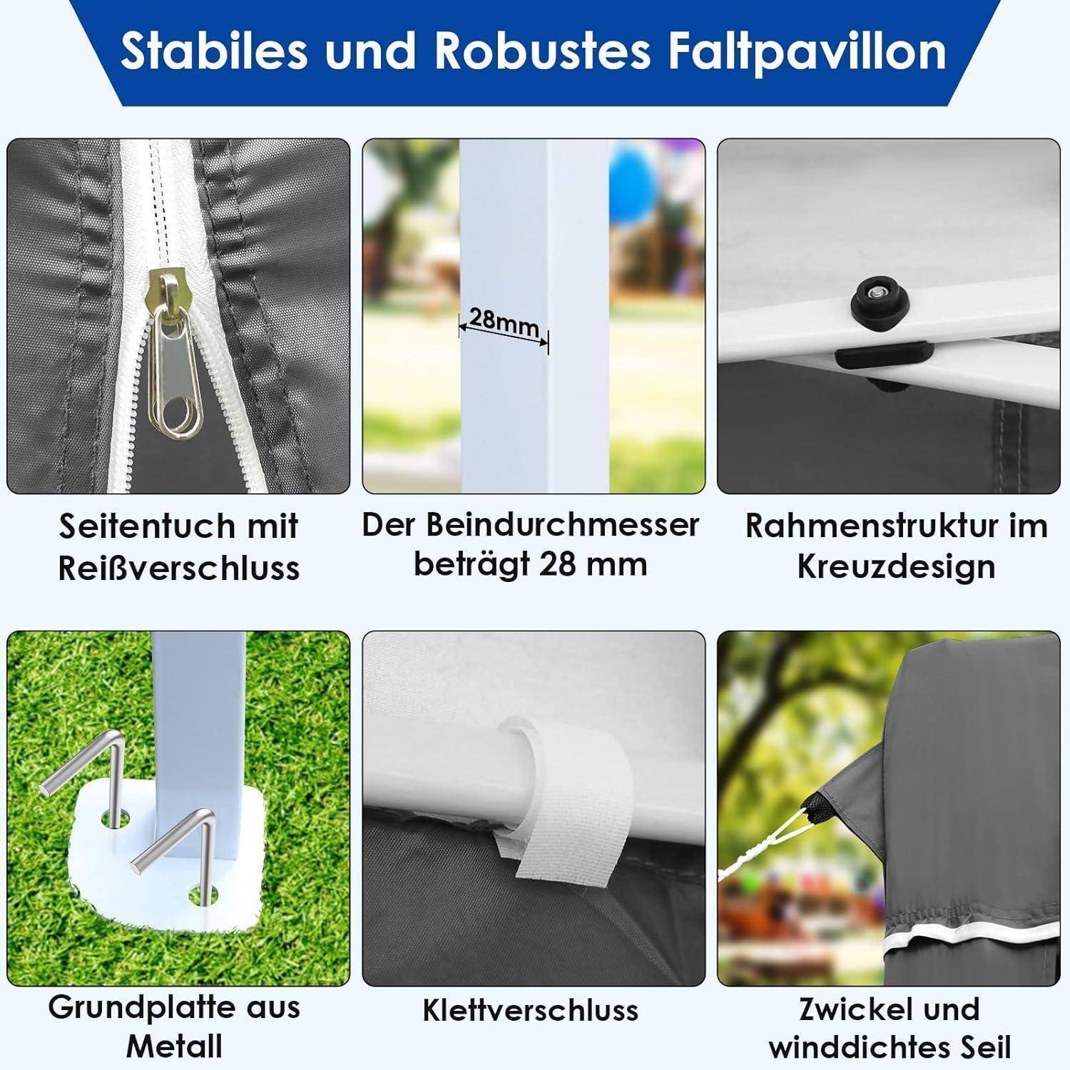 Kollage eines stabilen, robusten Pop-up-Pavillons mit Reißverschluss-Seitennaht, 28 mm Beinduchmesser, Kreuzrahmenstruktur, Metallbodenplatte, Klettverschluss und Abspannseilen.