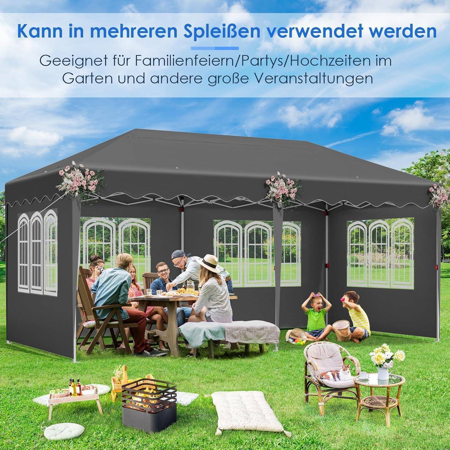 Großes graues Gartenfestzelt mit Fenstern und Menschen, die darin sitzen; der deutsche Text besagt, dass es in verschiedenen Größen für Familienfeiern, Hochzeiten und andere große Veranstaltungen verwendet werden kann.