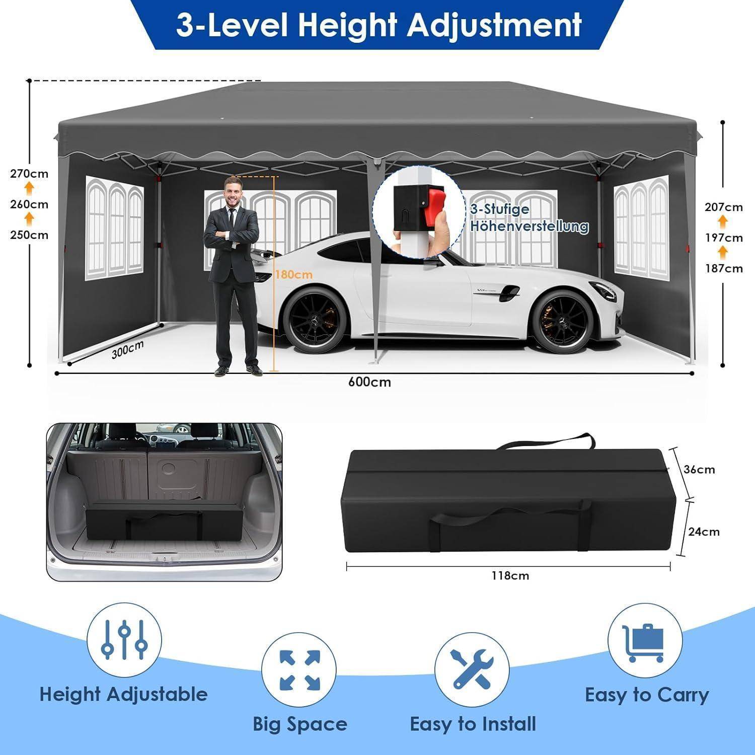 Infografik eines 3-stufig höhenverstellbaren Autopavillon-Zeltes mit Abmessungen, einem Auto im Inneren, Größe der Aufbewahrungstasche und Funktionssymbolen für höhenverstellbare Höhe, großer Platz, einfache Installation und Portabilität.