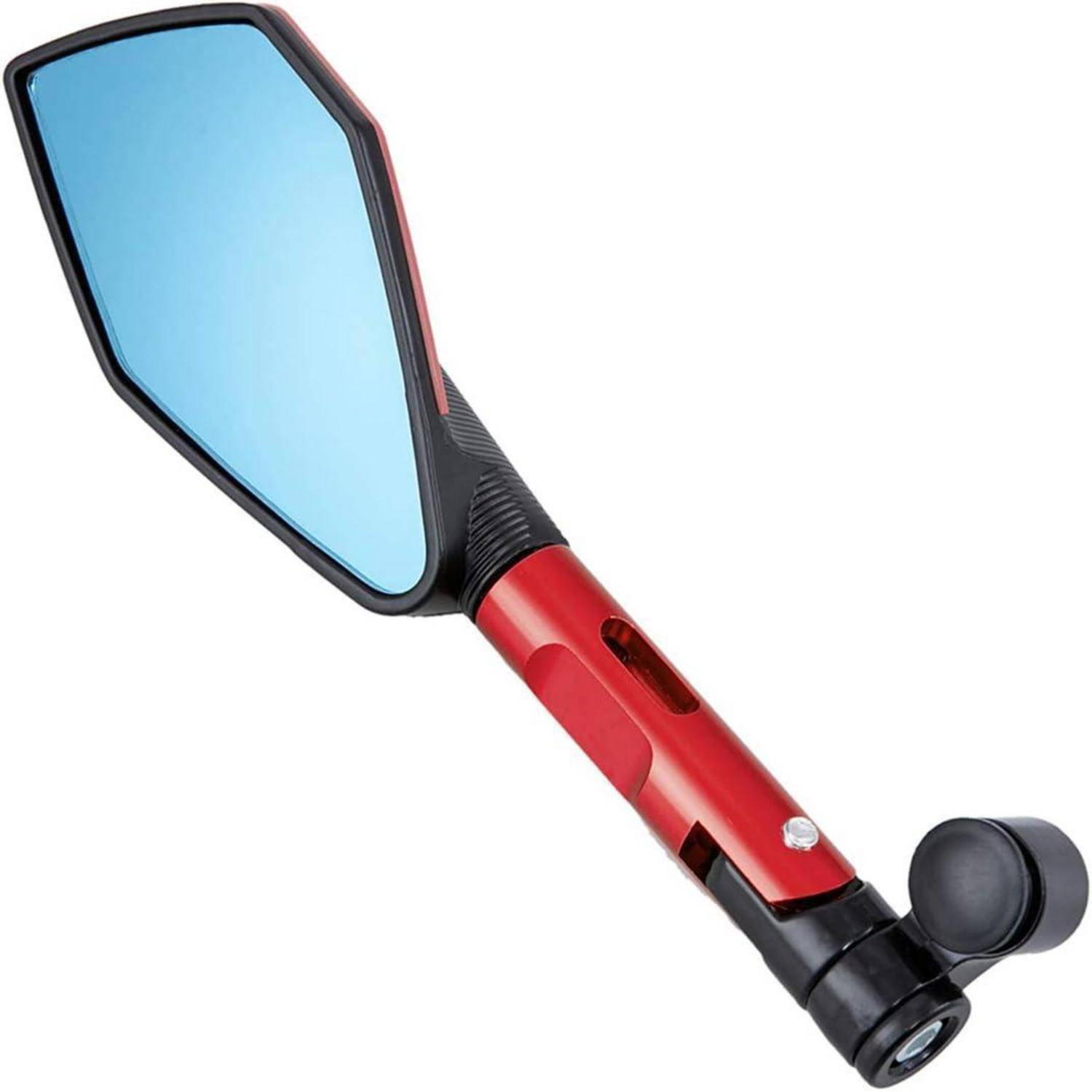Motorrad-Seitenspiegel mit blaugetöntem reflektivem Glas, rot verstellbarem Arm und schwarzer Befestigungshalterung auf weißem Hintergrund.