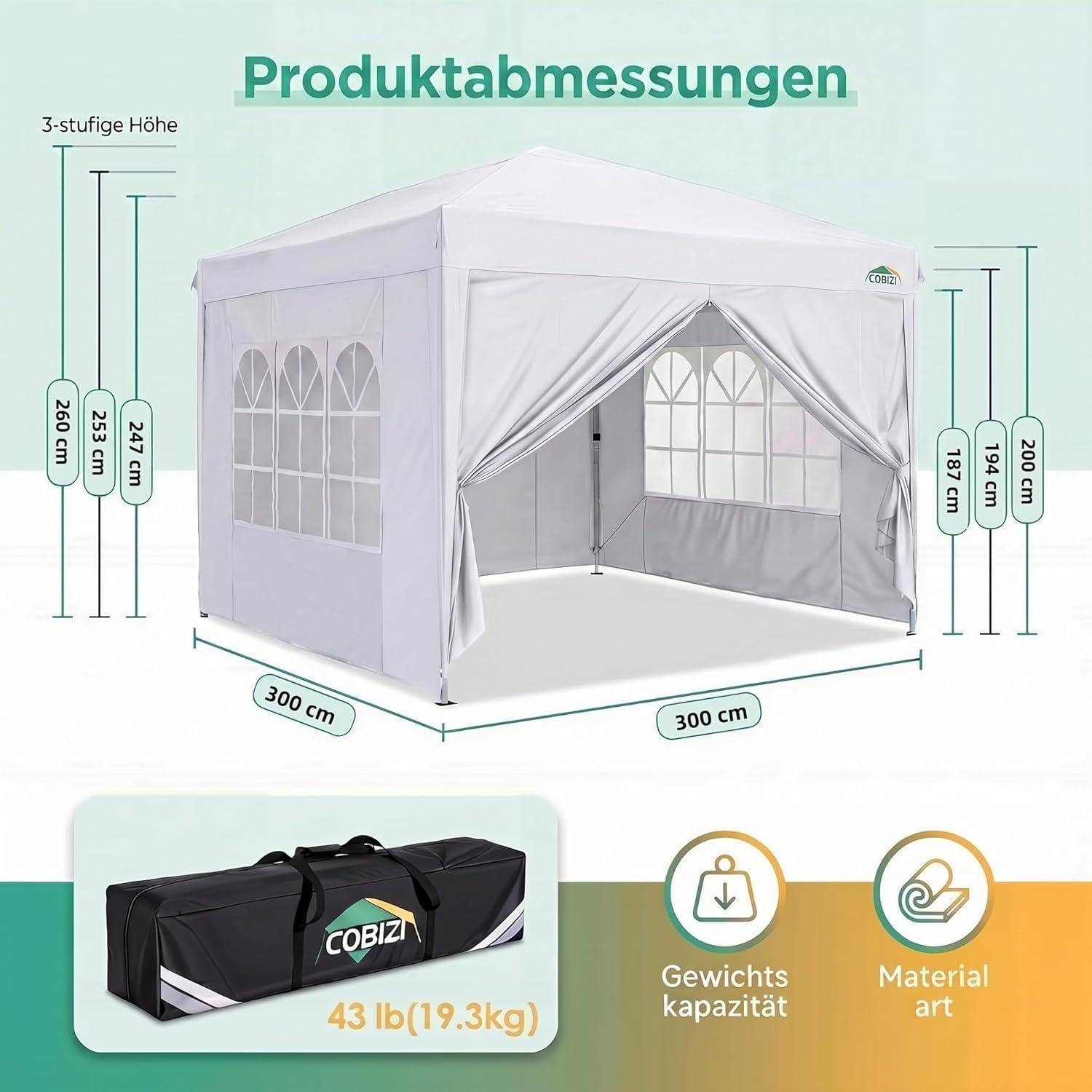 Diagramm eines 300 cm mal 300 cm Pop-up-Pavillons mit Höhenmessungen, 3 Höhenoptionen, Gewicht von 43 lb (19,3 kg) und Materialsymbolen.