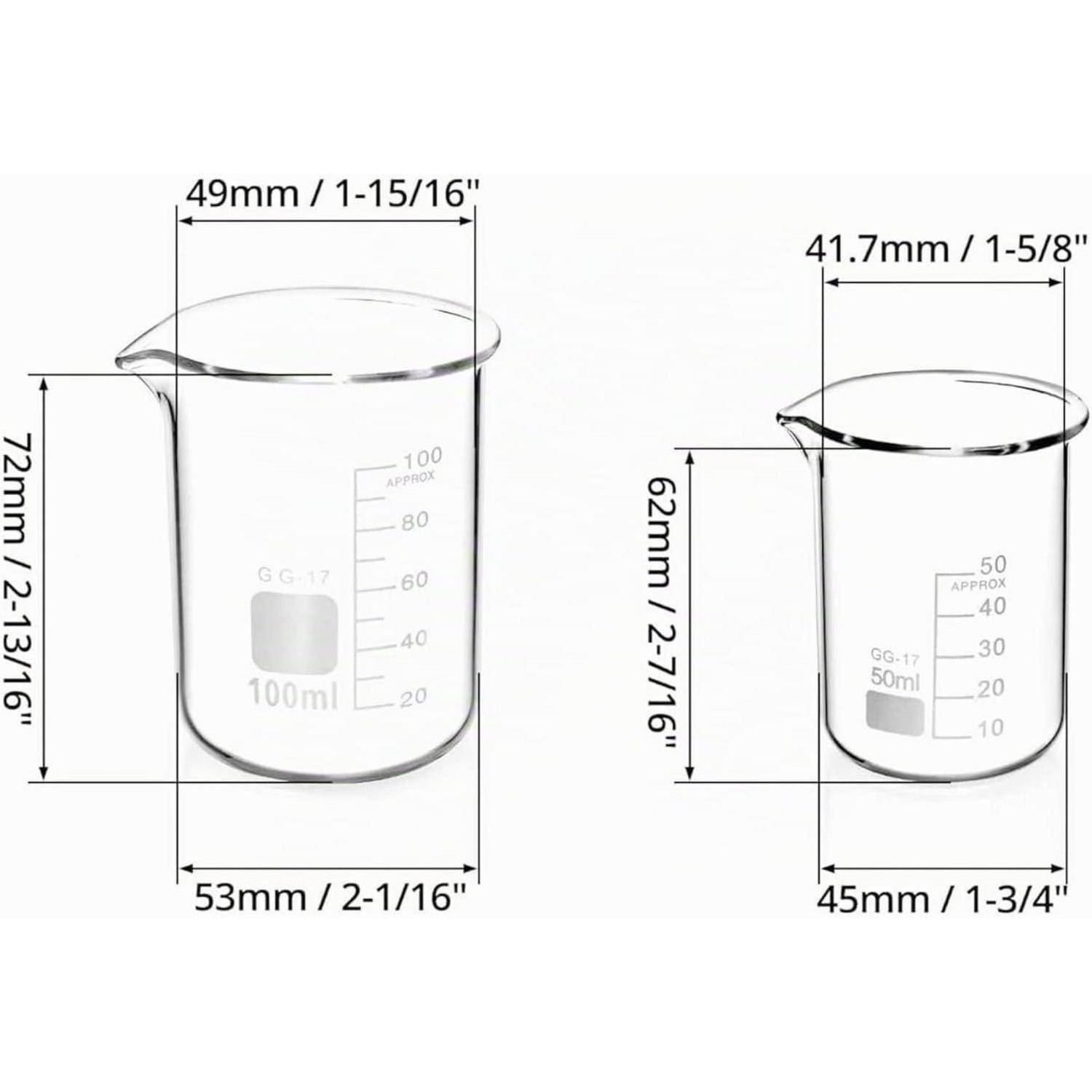 Bemesstes Bild zweier Glaspikierbecher, 100 ml auf der linken Seite und 50 ml auf der rechten Seite, mit Höhen und Durchmessern in Millimetern und Zoll.