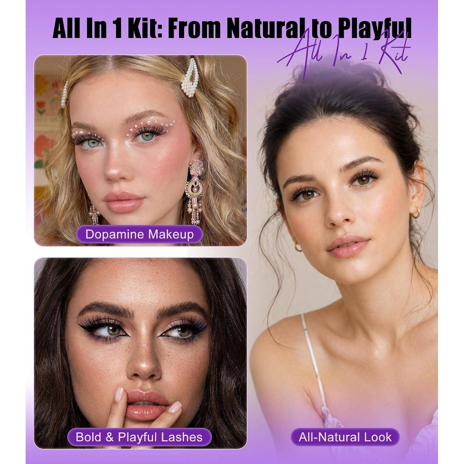 Beauty-Kit-Promo-Collage mit drei Make-up-Looks: „Dopamin-Make-up