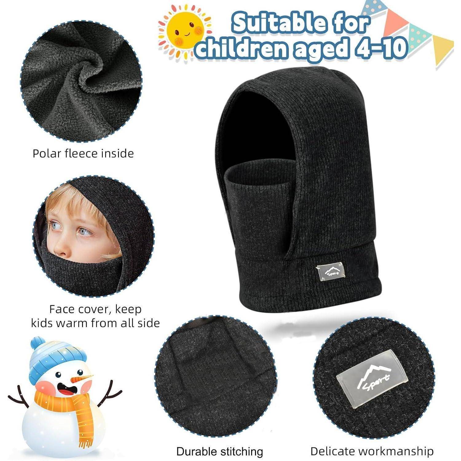Schwarze Kinder-Sturmhaube mit Gesichtsöffnung und Fleece-Fütterung; Hinweise heben Wärmeisolation, haltbare Naht und Verarbeitung hervor.